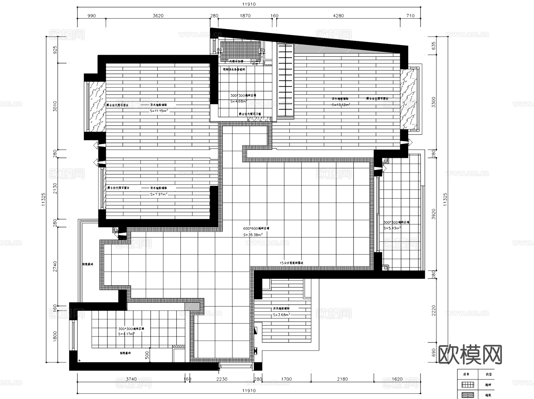 宏润国际花园三室两厅一卫室内家装CAD施工图cad施工图