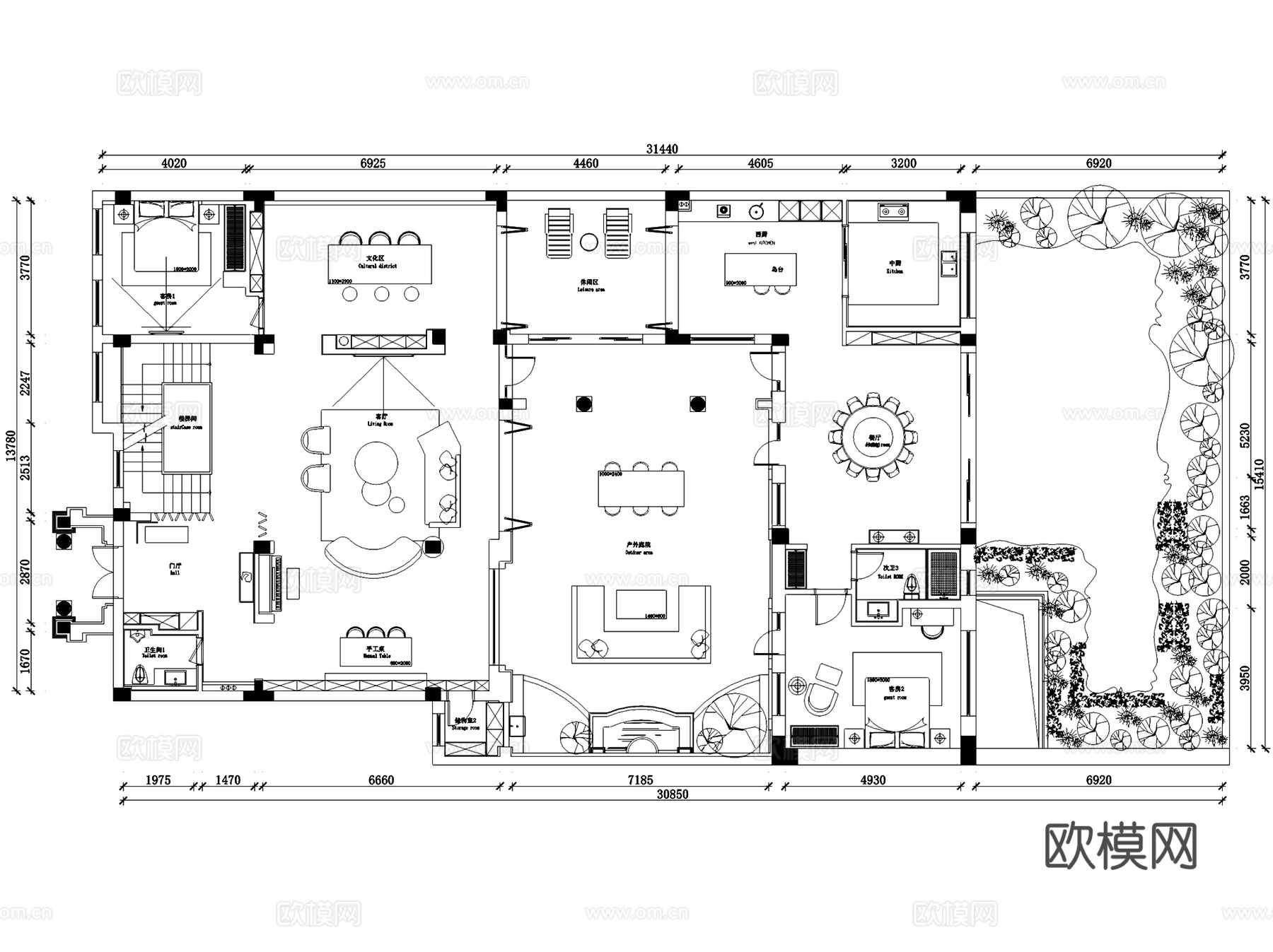 伍重院锦崇府6-7二层别墅室内家装CAD施工图3Dmax模型cad施工图