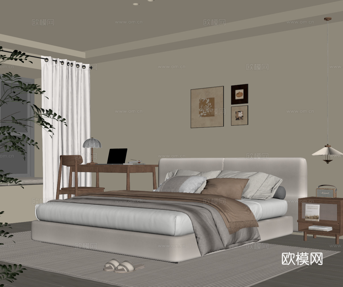 中古风卧室 双人床 书桌椅 床头柜su模型