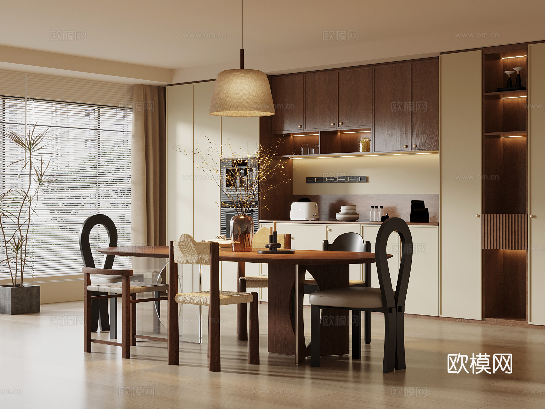 中古风餐厅 酒柜 餐桌椅su模型