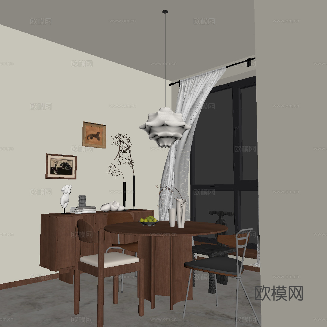 中古风餐厅 餐桌椅 餐边柜su模型