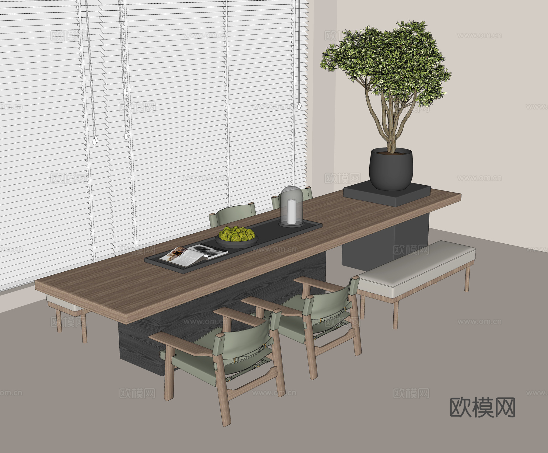 现代休闲桌椅组合 实木休闲桌 实木单椅 实木长椅 盆栽绿植su模型