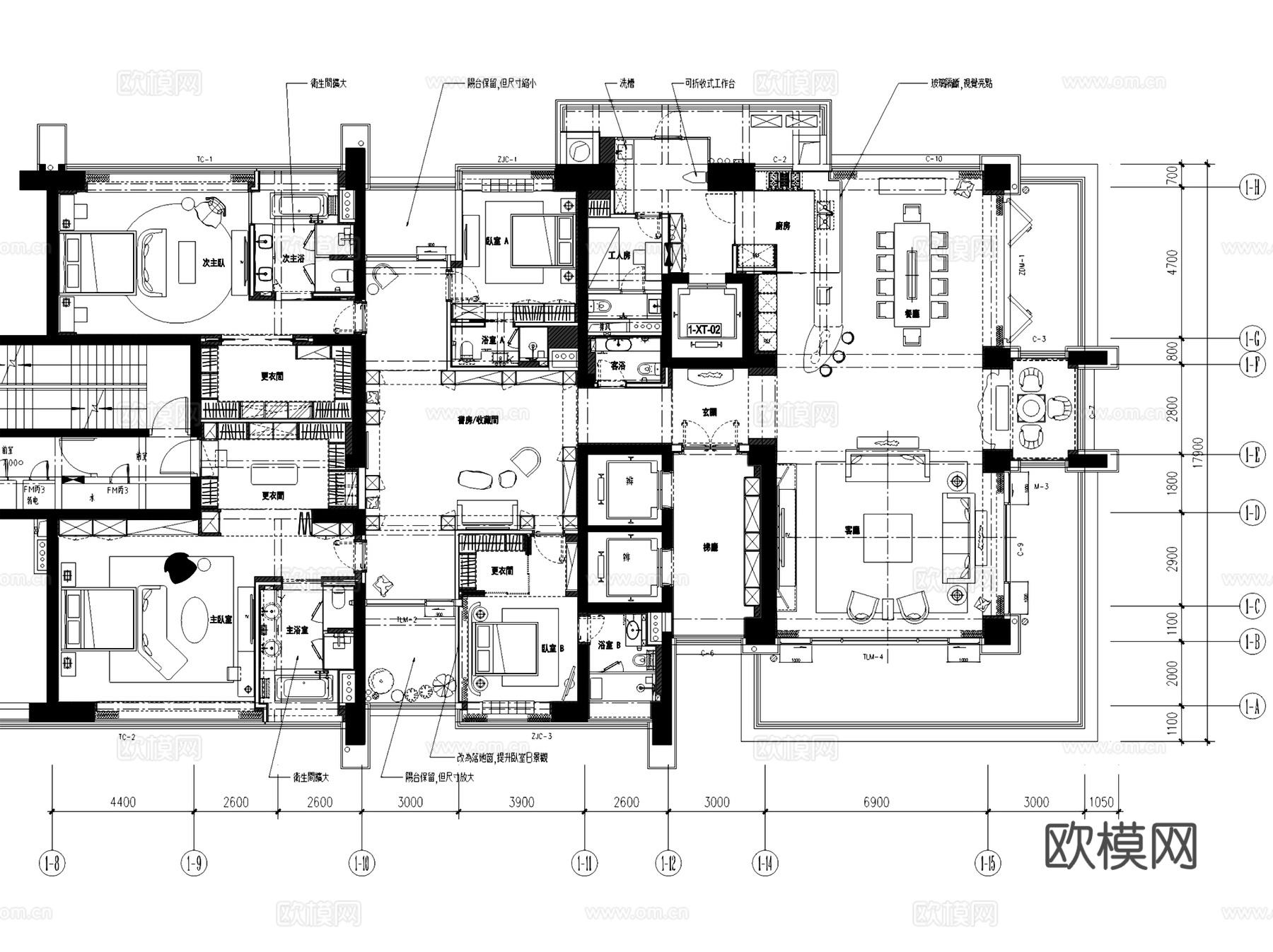 深圳壹方T1-B户型大平层室内家装CAD施工图整套cad施工图