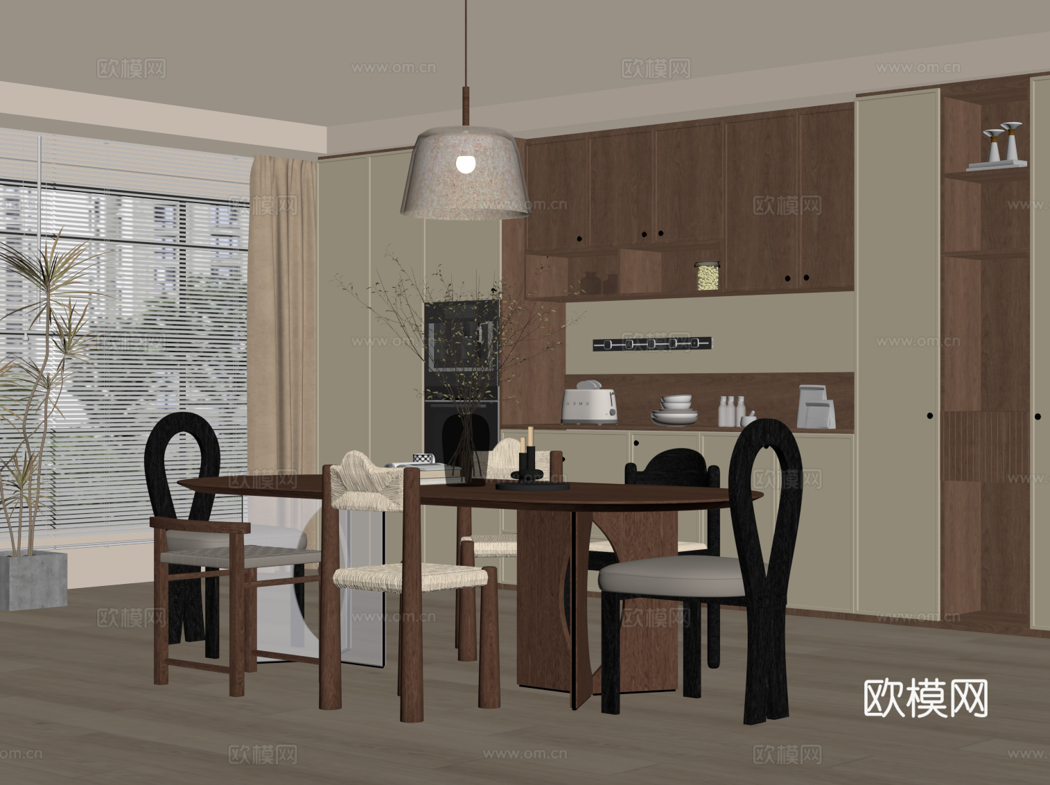 中古风餐厅 酒柜 餐桌椅su模型