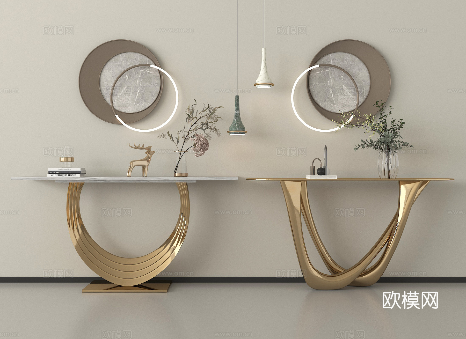 现代端景台 玄关端景台 吊灯 摆件su模型