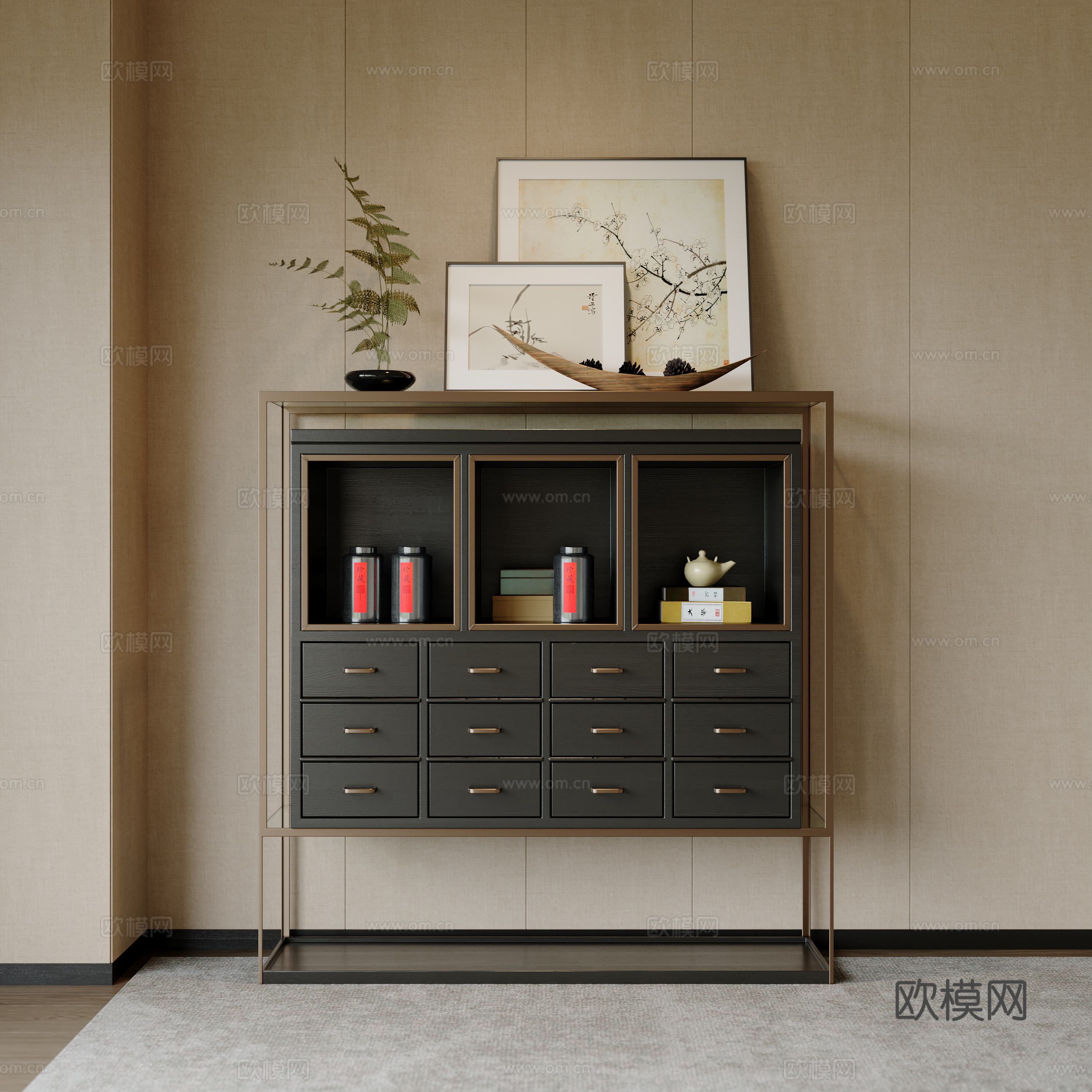新中式茶柜 储物柜 展柜 边柜 饰品摆件su模型