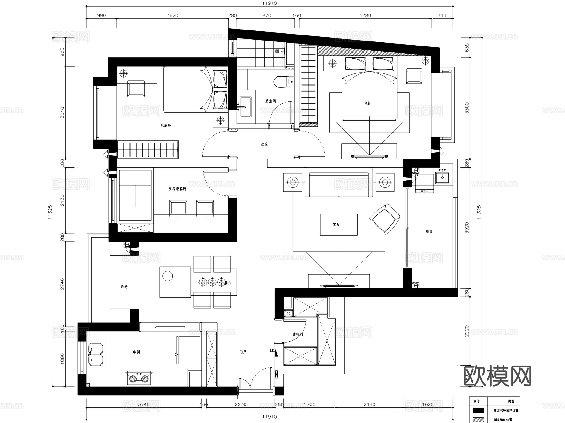 宏润国际花园三室两厅一卫室内家装CAD施工图cad施工图