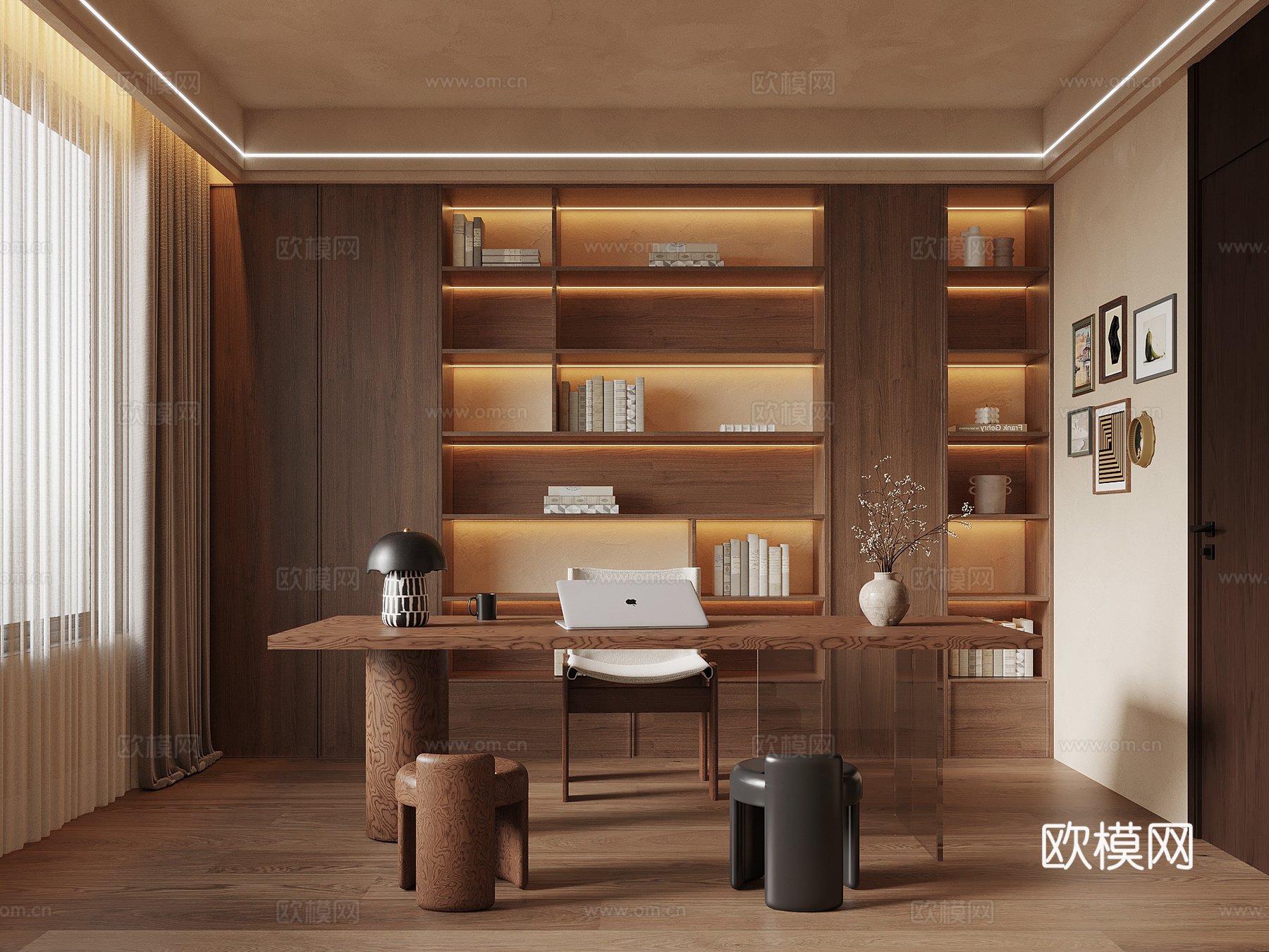 中古风书房 书柜 书桌椅su模型