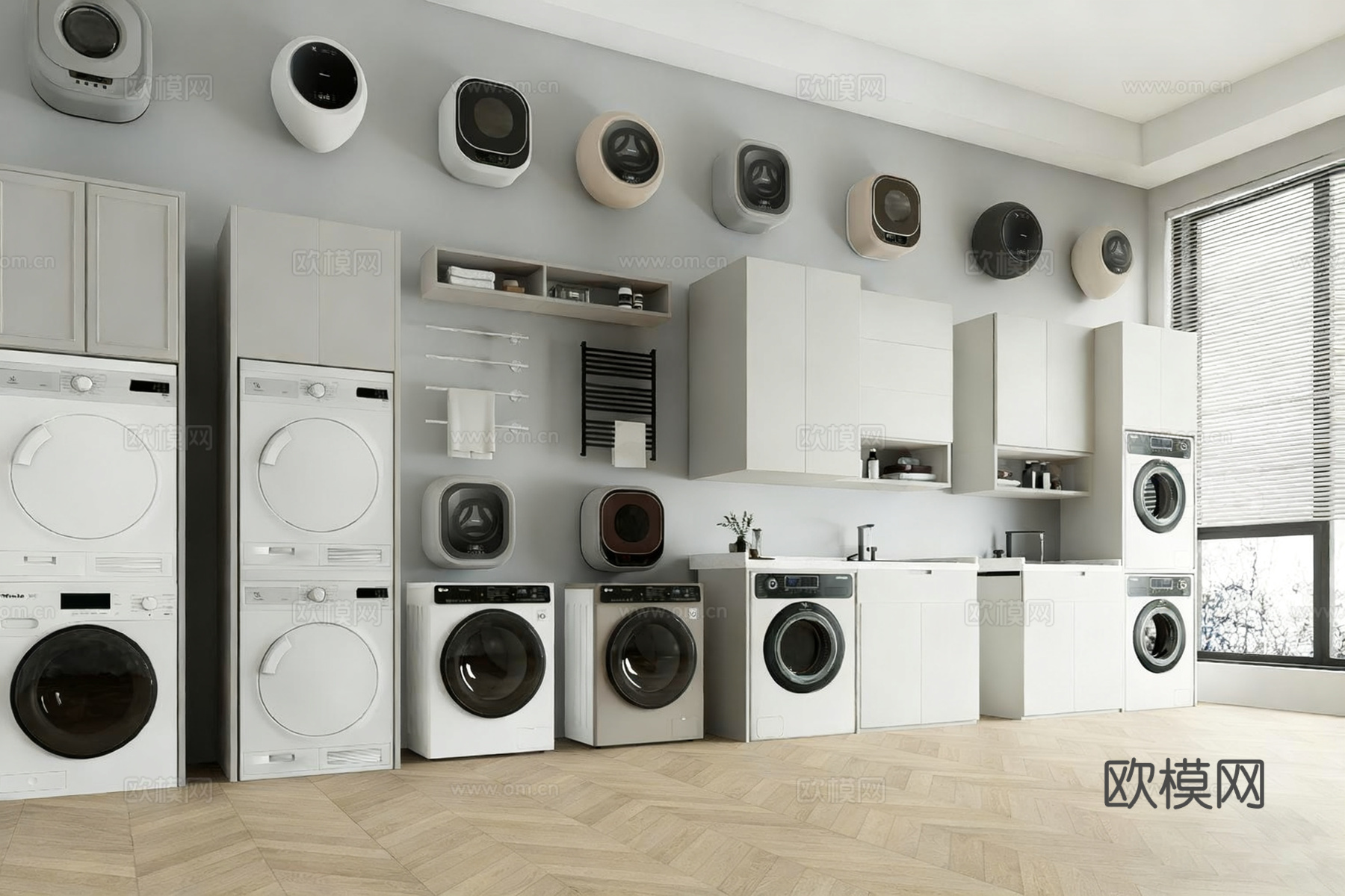 现代洗衣房家电 洗衣机 储物柜 壁挂洗衣机su模型