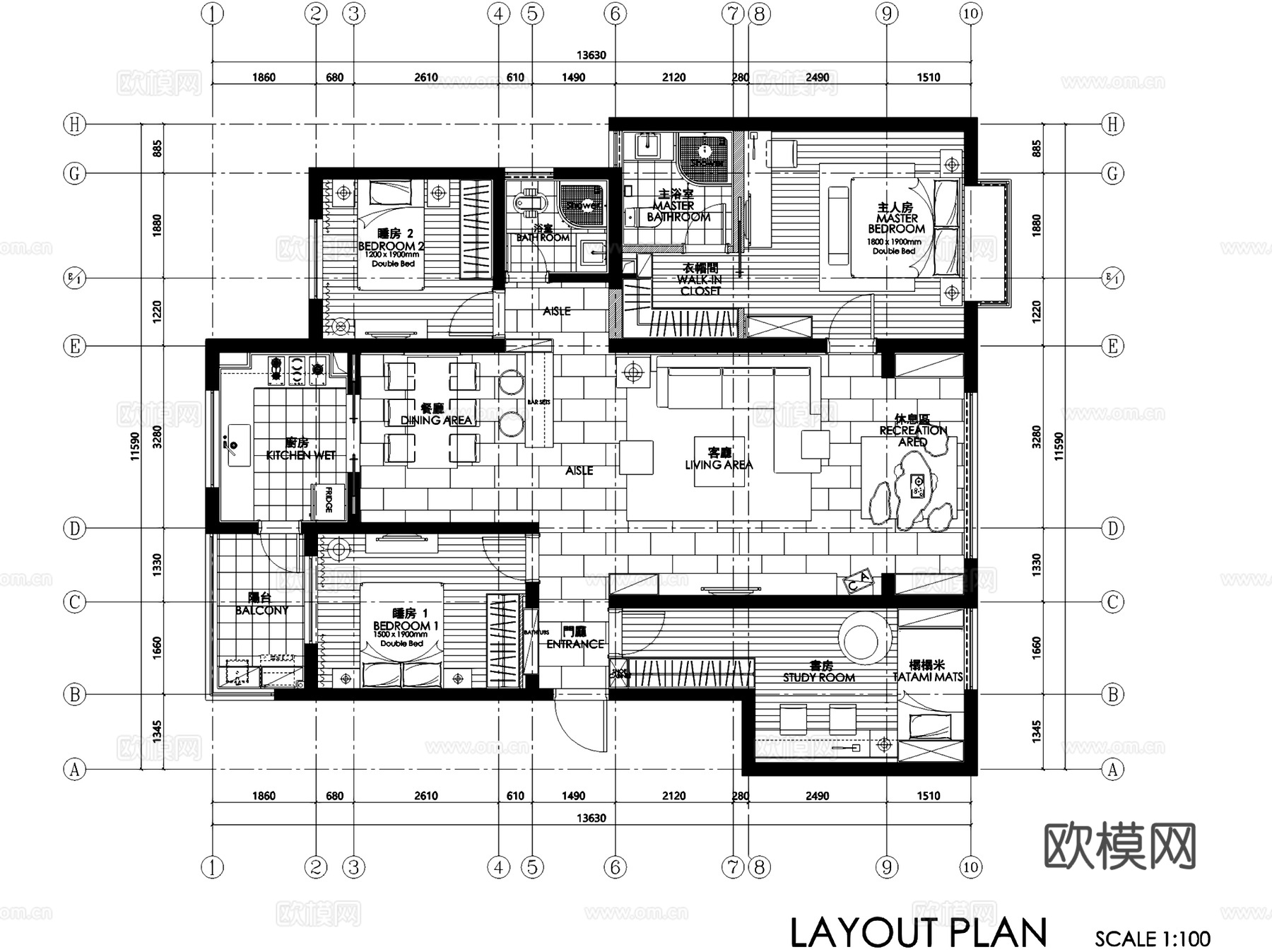 现代简约四室两厅两卫私宅室内家装CAD施工图cad施工图