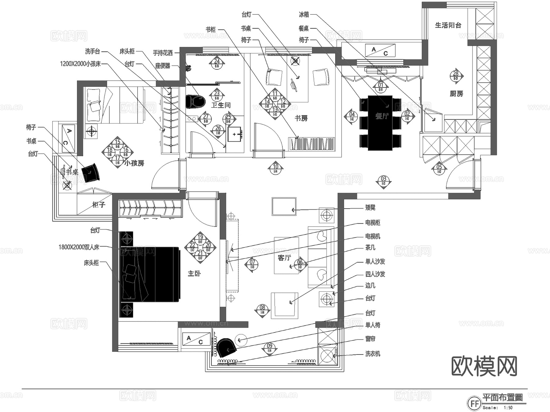 美式三室两厅一卫私宅室内家装平面系统图CAD施工图cad施工图