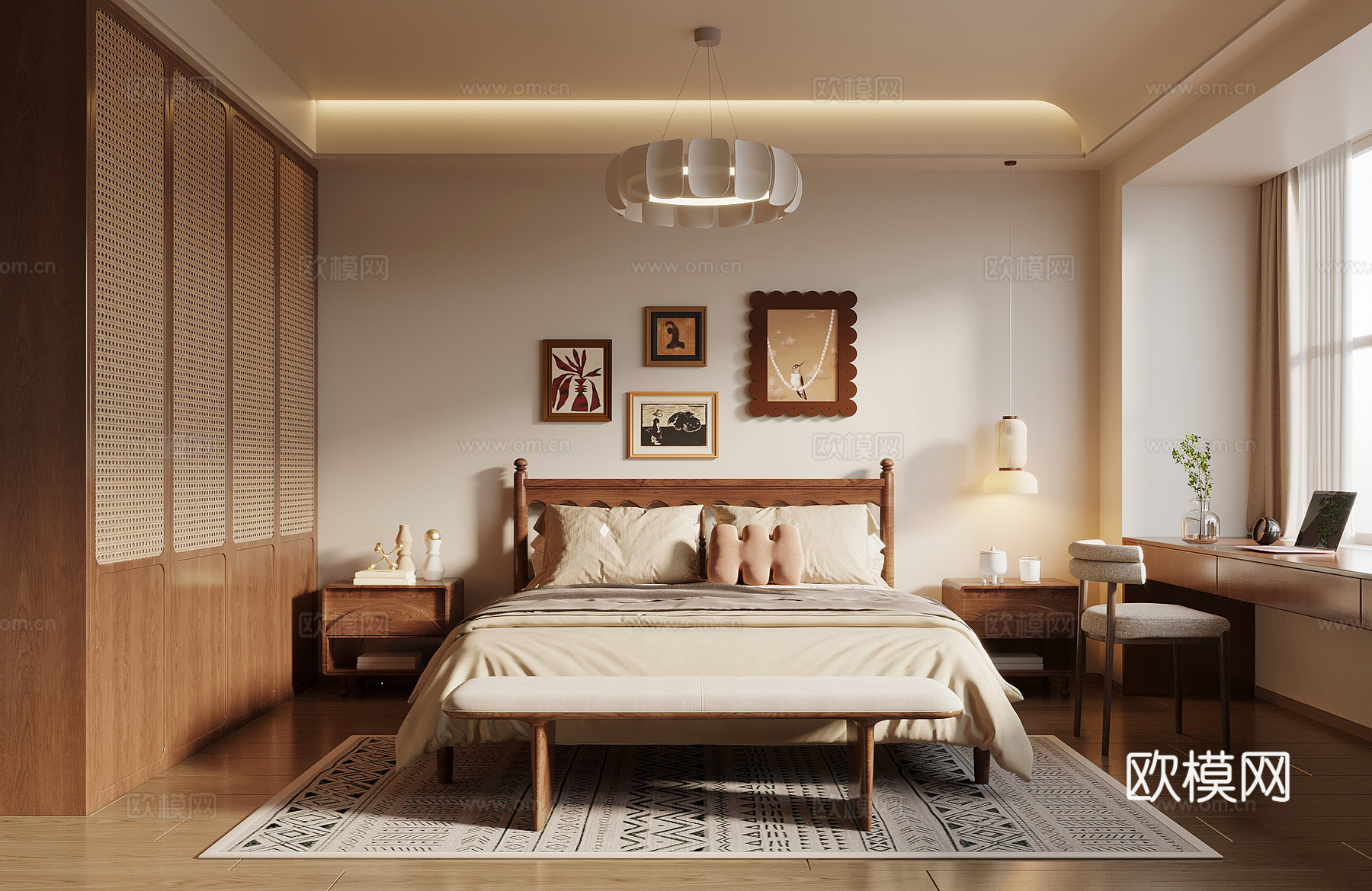 中古风卧室 床具组合 双人床 衣柜 书桌椅su模型