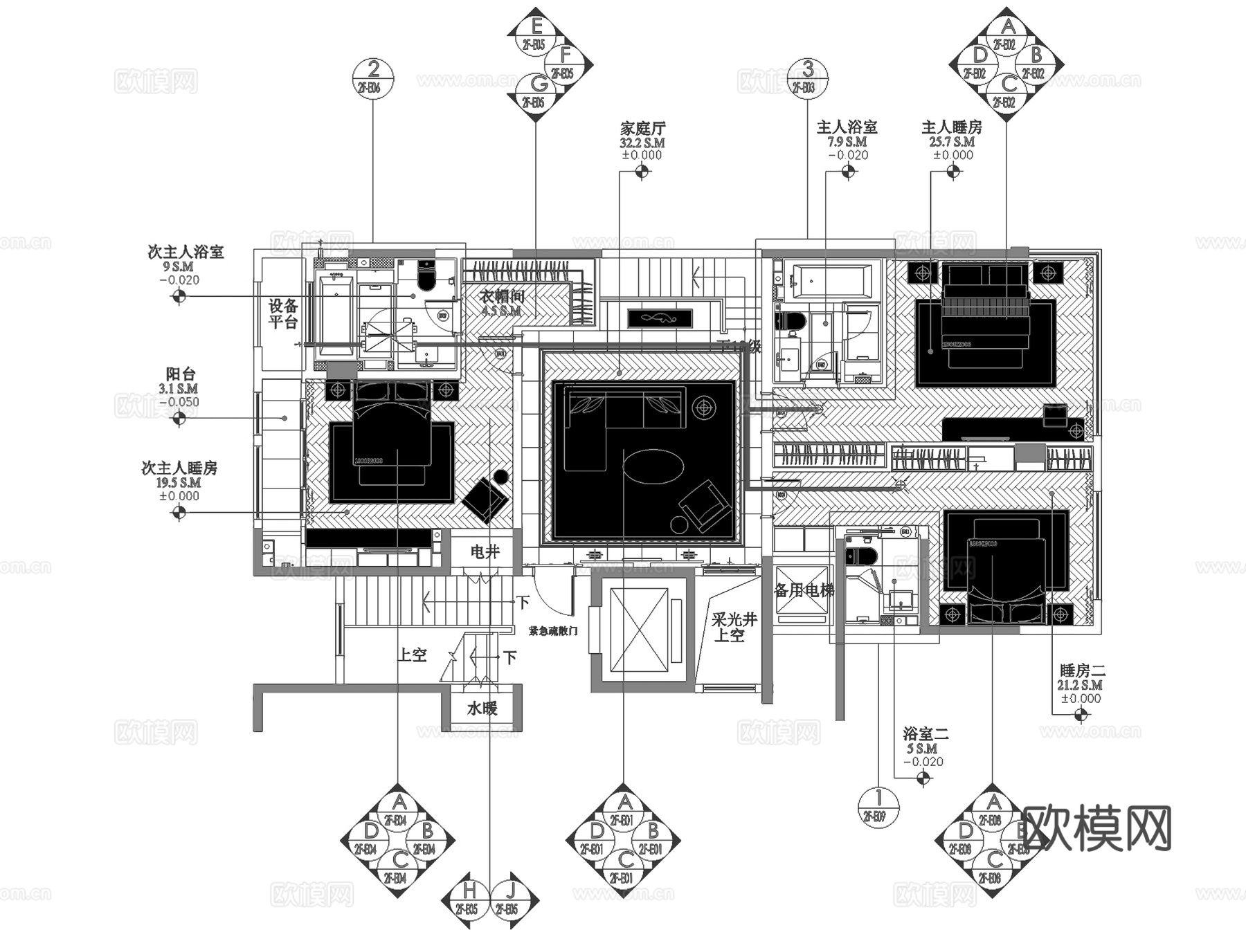 郑州雅居乐龙湖镇255-A1户型二层别墅室内家装CAD施工图cad施工图