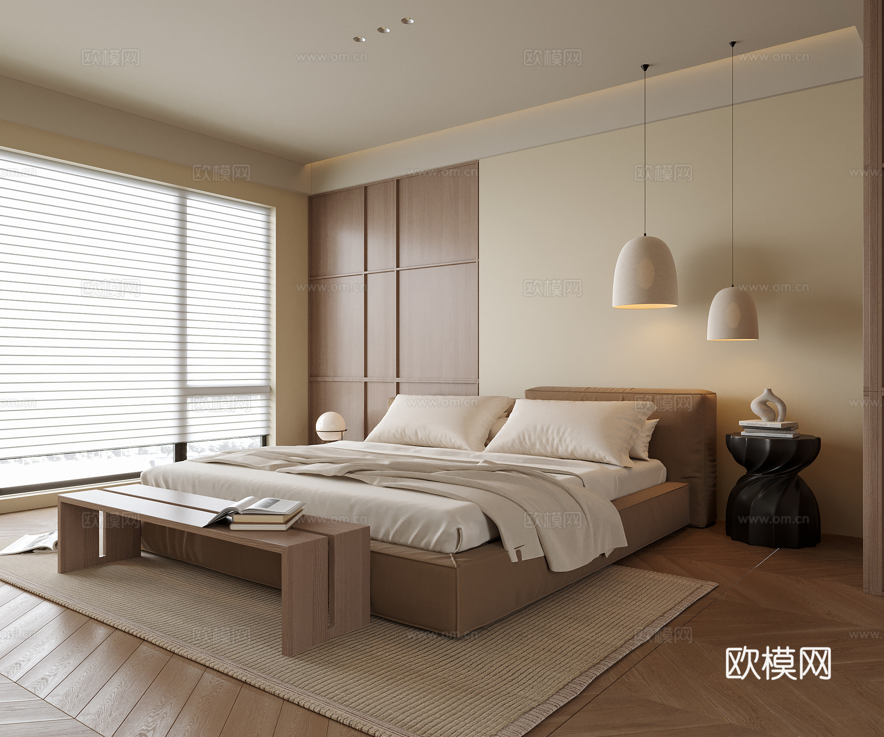 现代卧室 双人床 床尾凳su模型