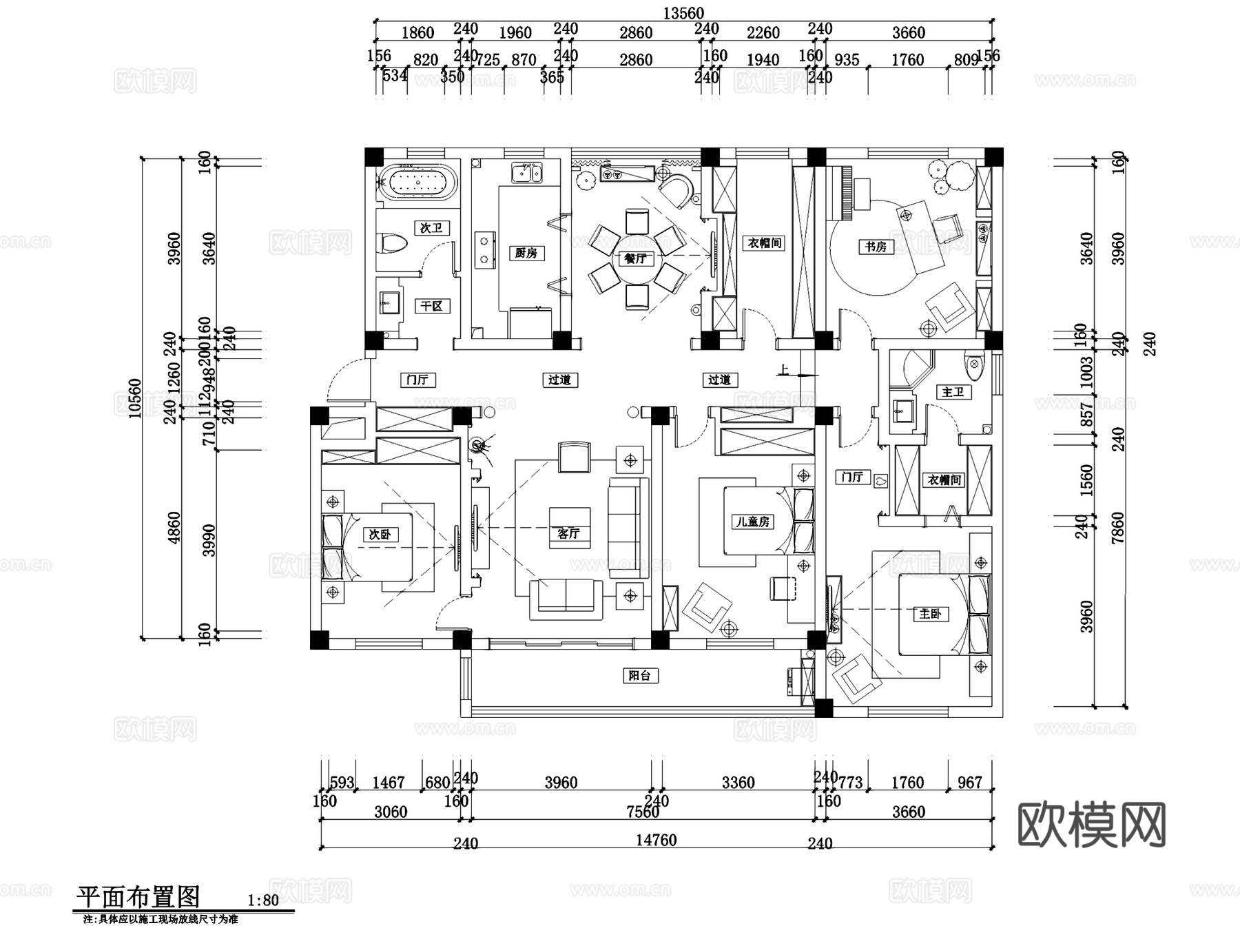 美式四室两厅两卫私宅室内家装CAD施工图cad施工图