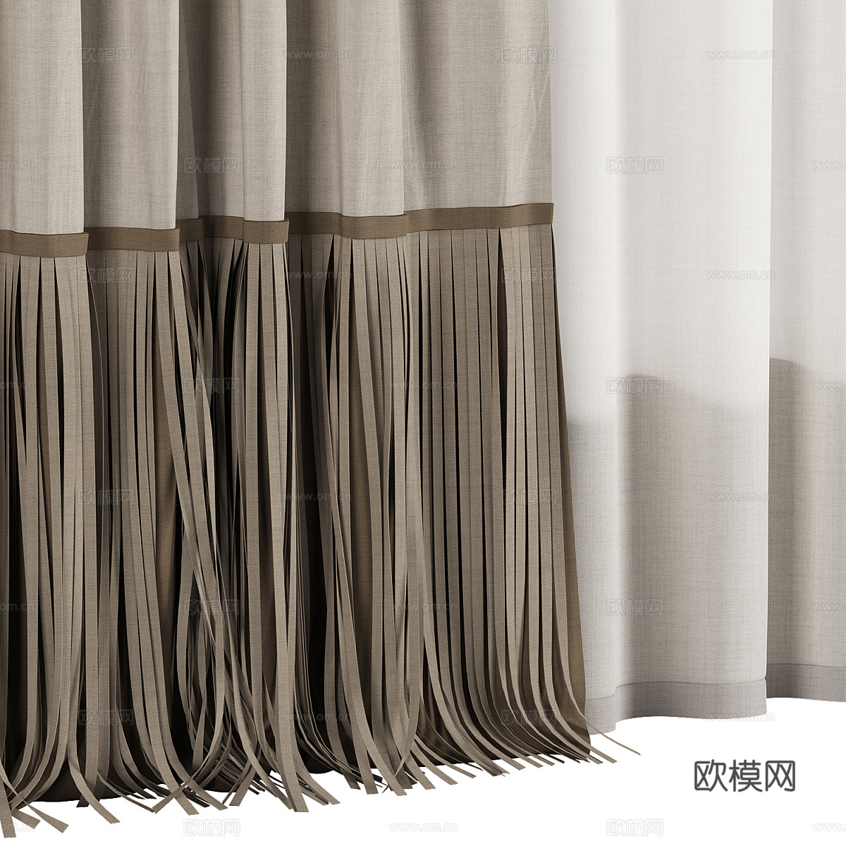 新中式布艺流苏窗帘3d模型下载（渲染图3）