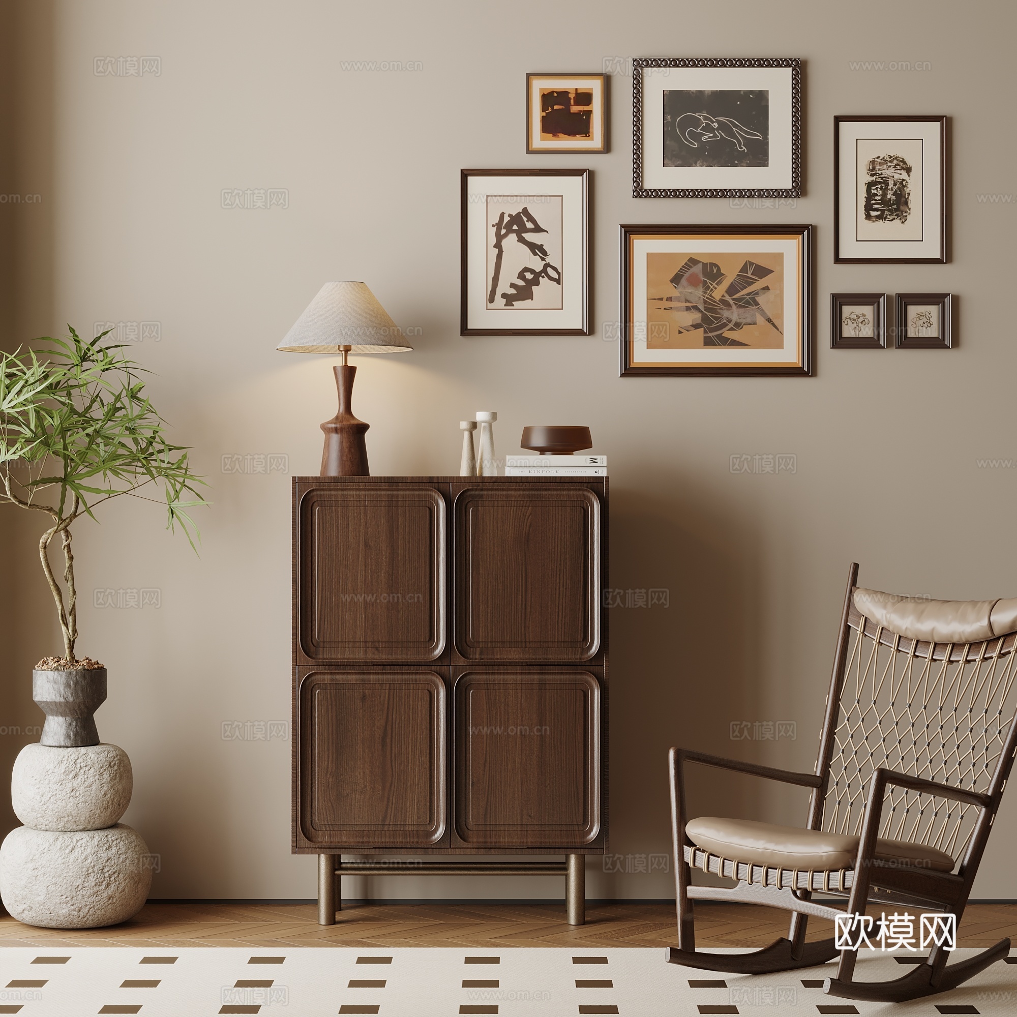 中古风玄关柜 端景柜 休闲椅su模型
