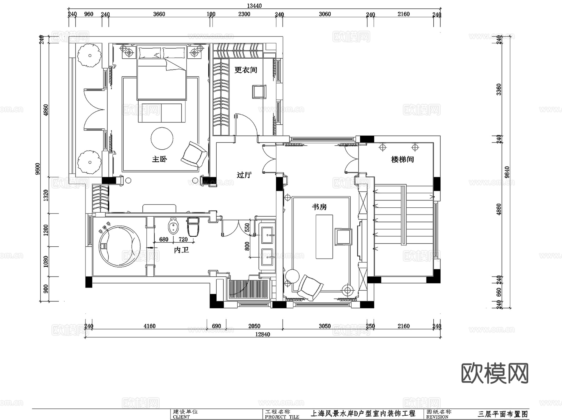 上海保亿风景水岸D户型双拼三层别墅室内家装CAD施工图整套cad施工图