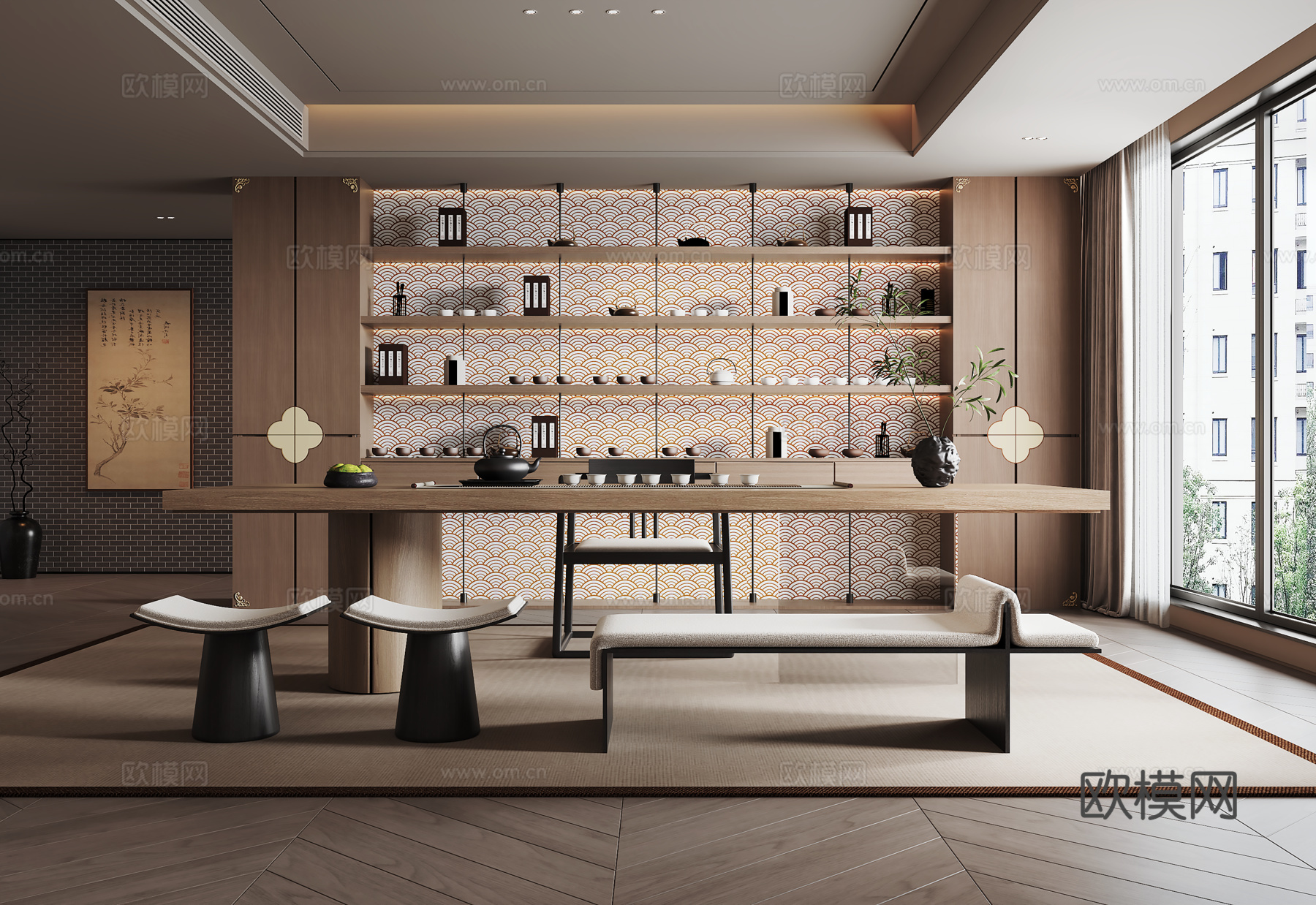 宋式茶室 宋式茶柜 餐桌椅 装饰画su模型