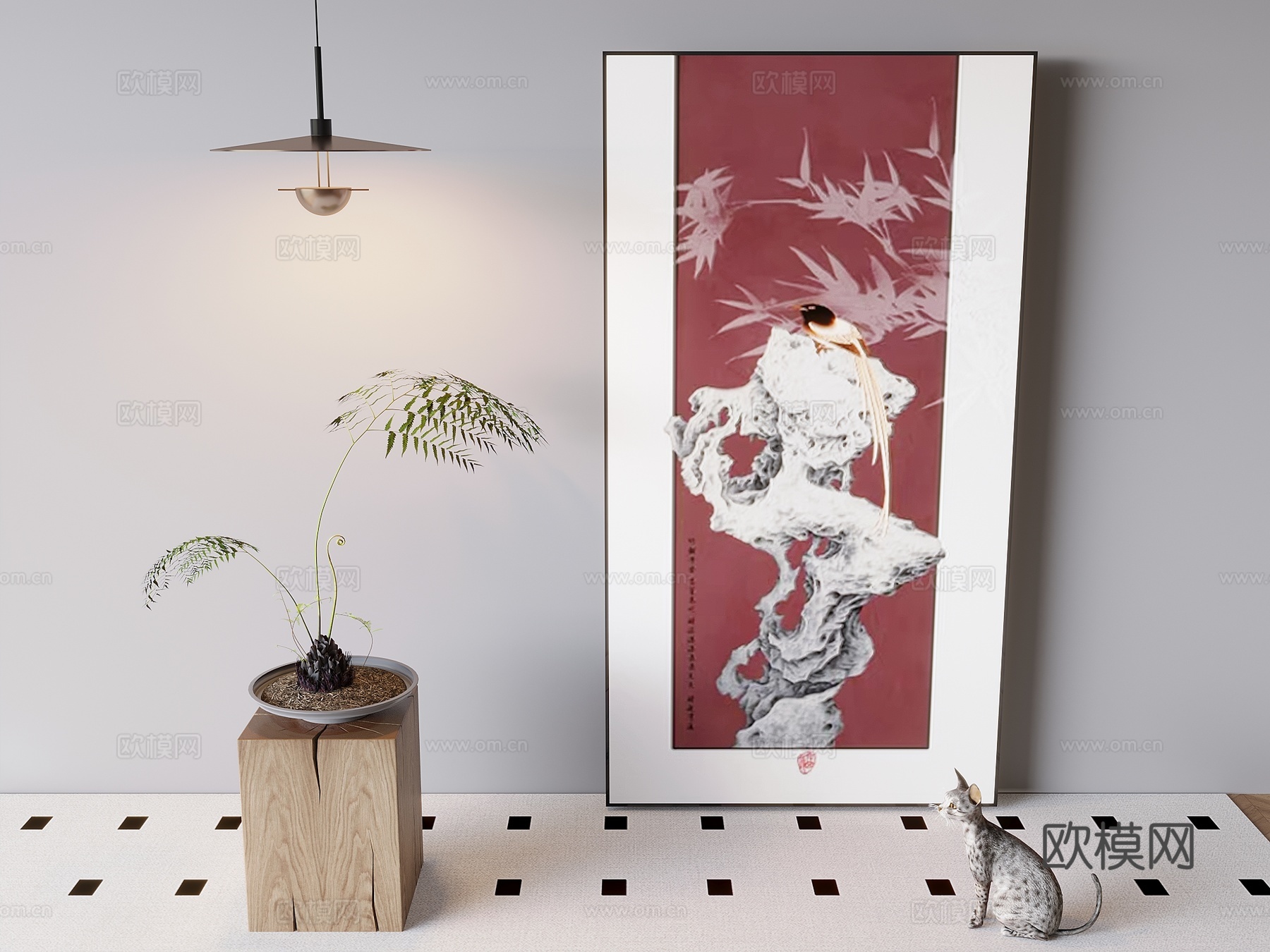 新中式禅意挂画 山水画 花鸟国画 书房挂画 办公室挂画 办公su模型