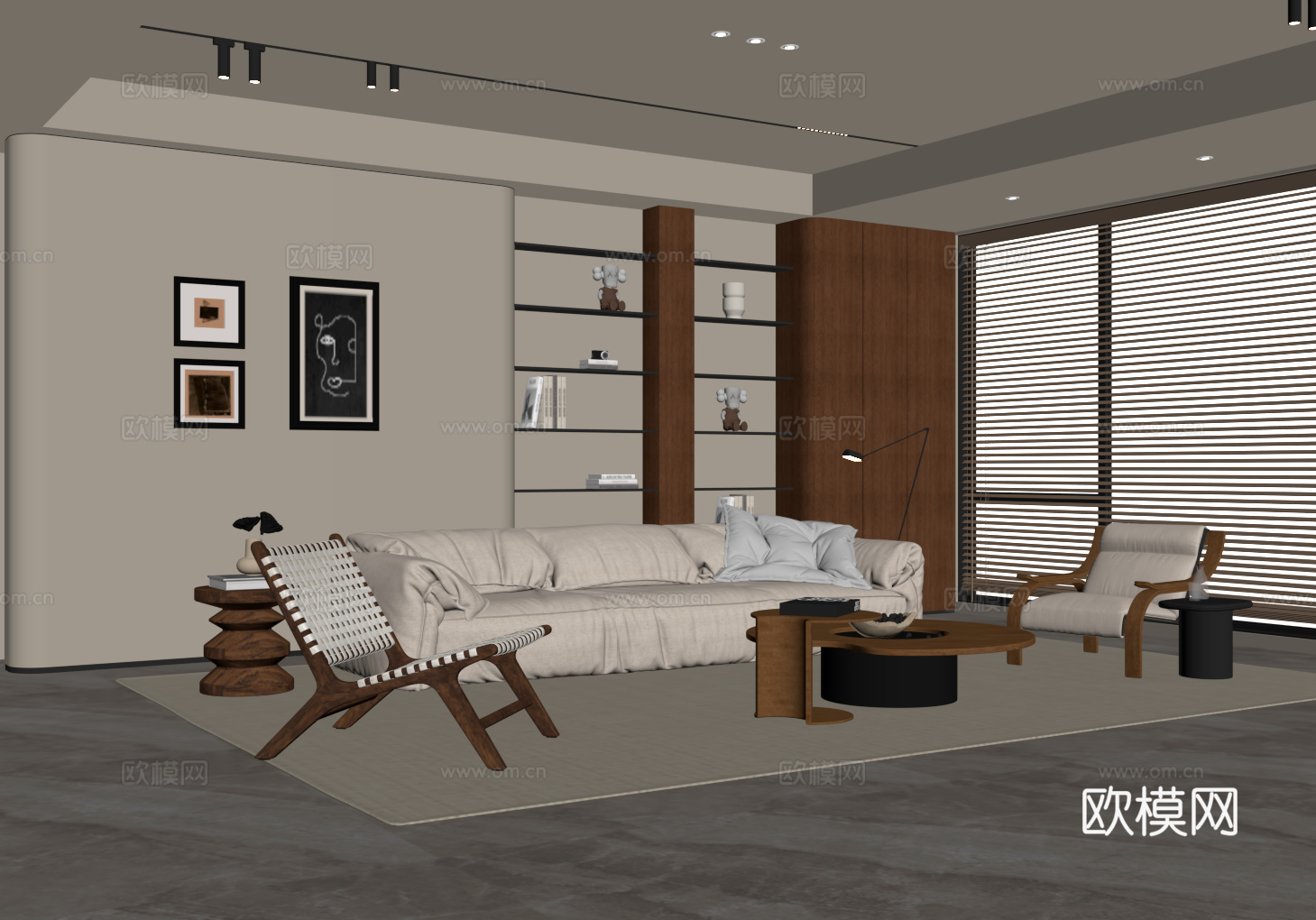 中古风客厅 沙发茶几组合 沙发背景墙su模型