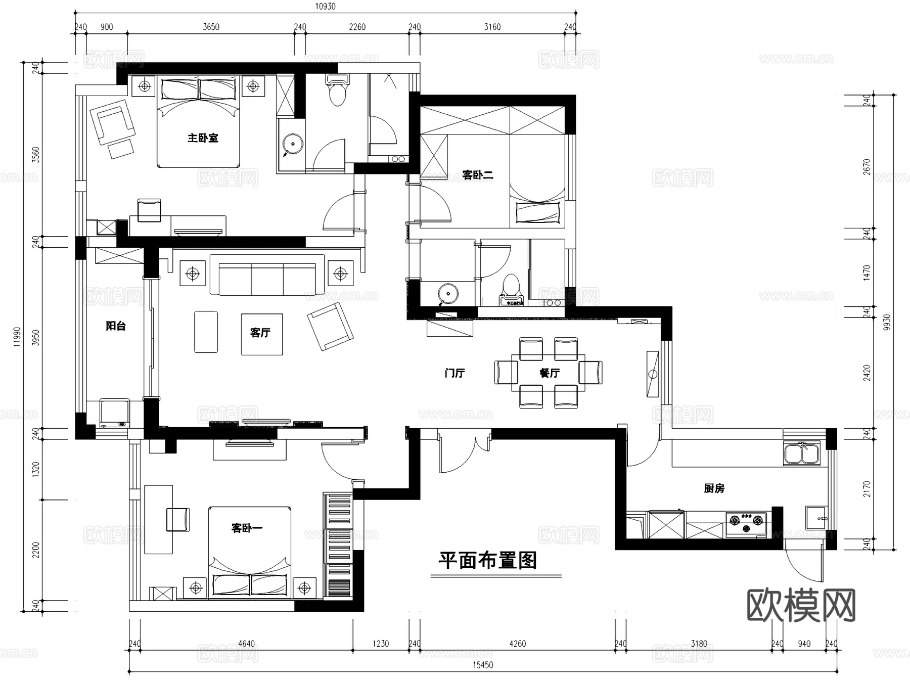 世贸1幢2902三室两厅两卫室内家装CAD施工图cad施工图