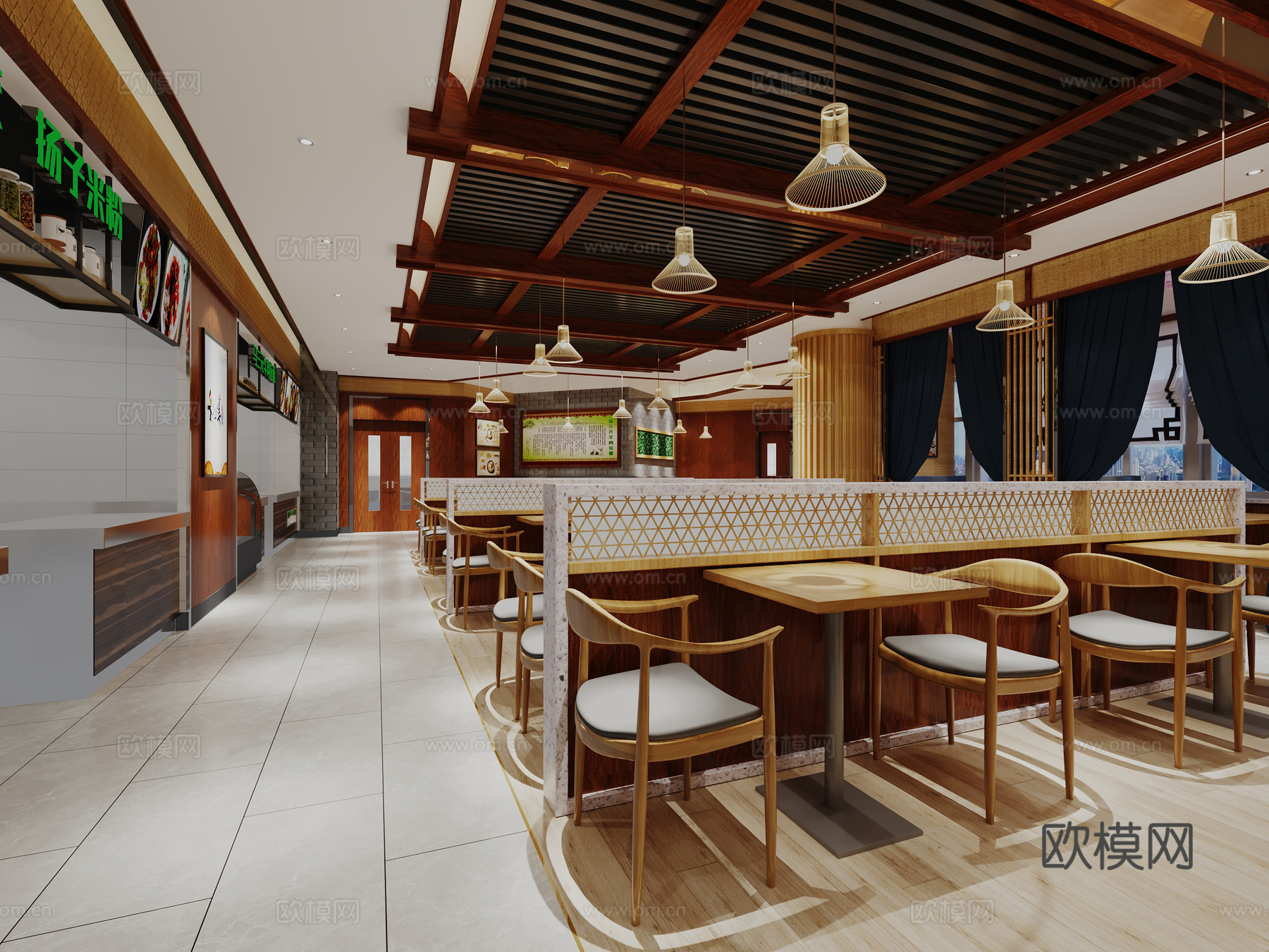 餐厅 餐桌 餐椅 餐饮 窗帘 新中式餐厅 饭店 饭馆3d模型下载（渲染图1）