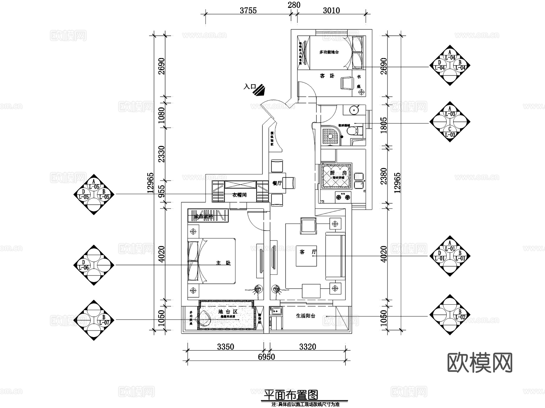 田园乡村风两室两厅一卫室内家装CAD施工图cad施工图