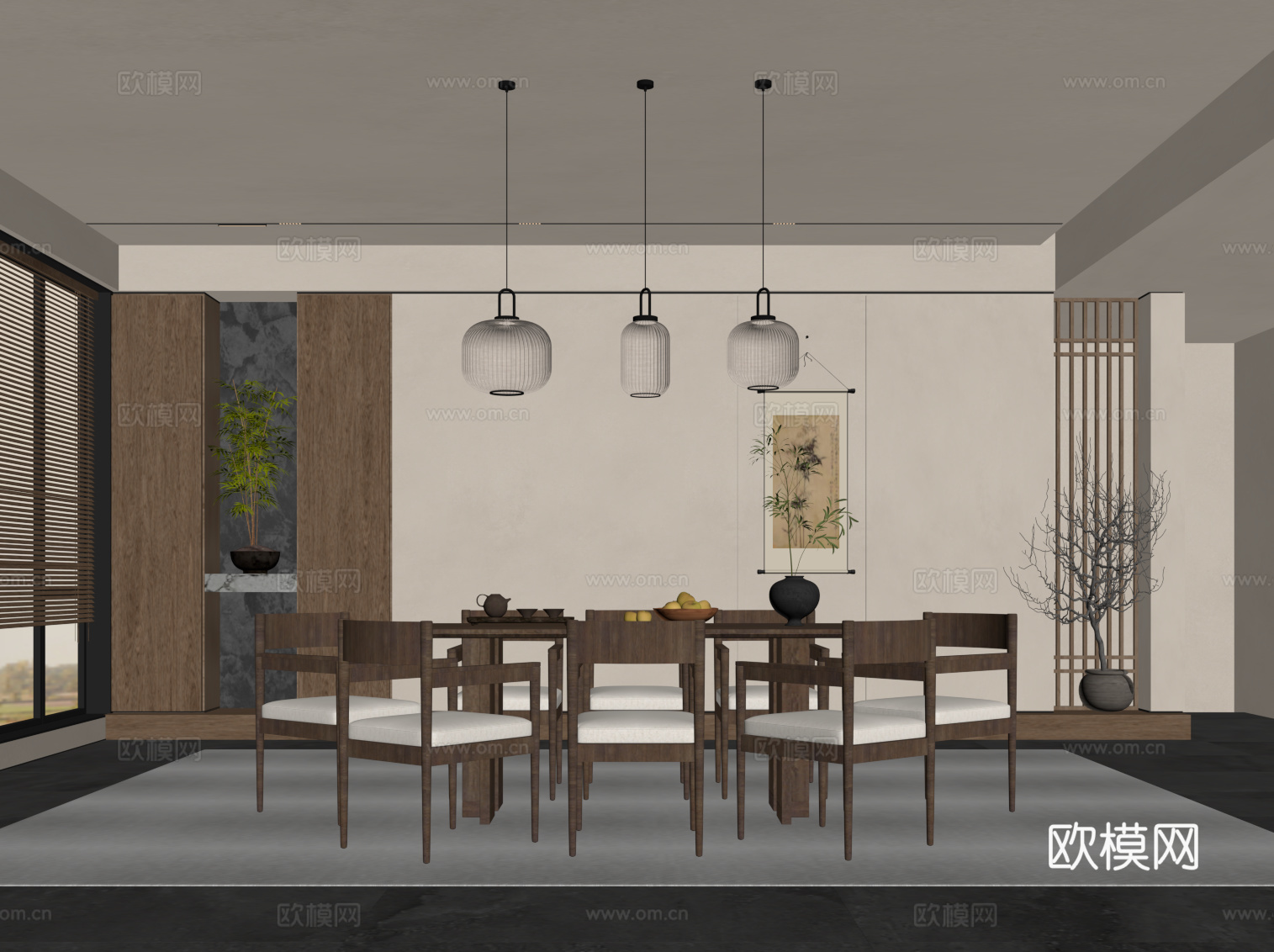 中古风餐厅 餐桌椅su模型