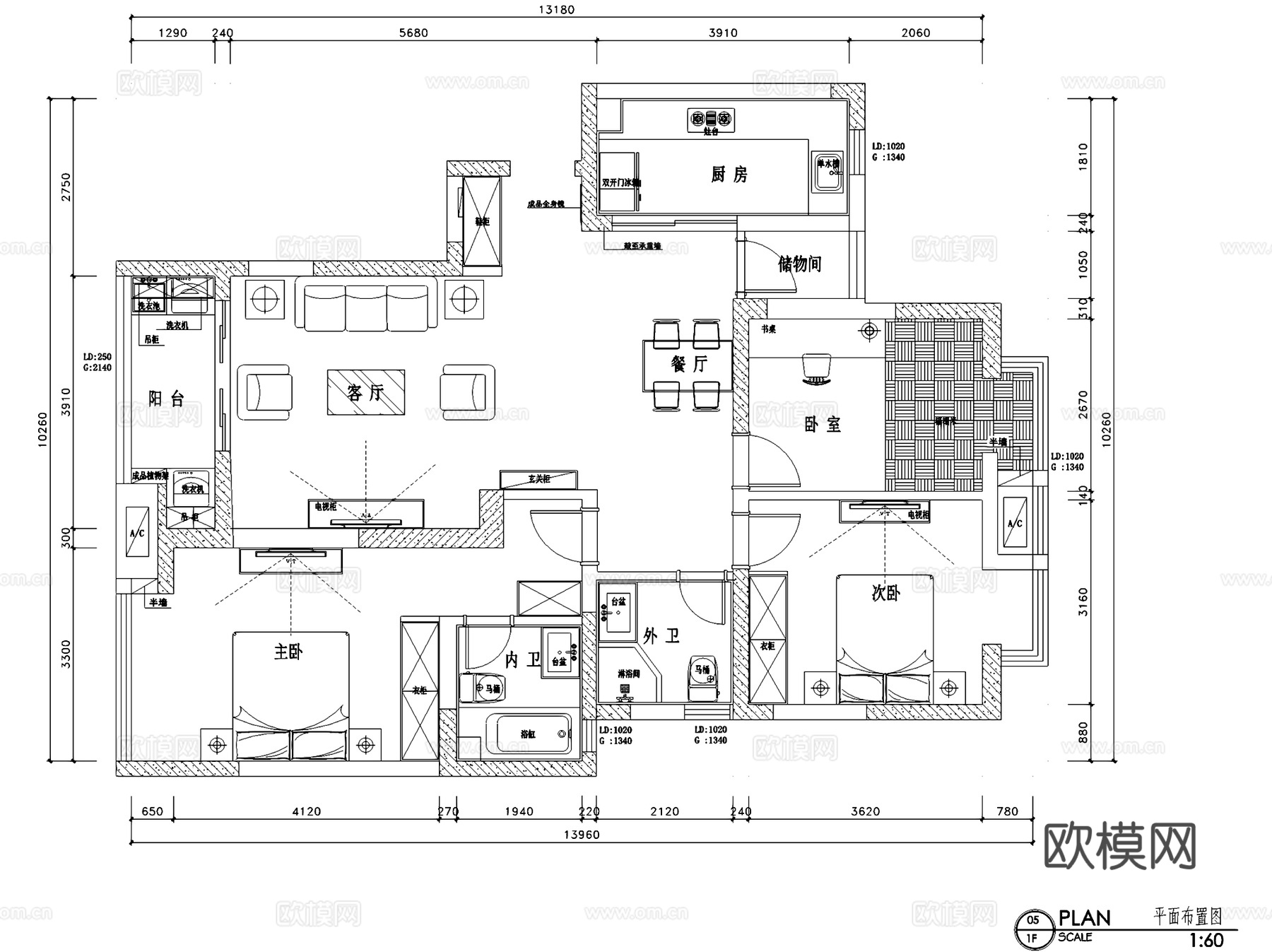 新港名仕花园8#1804北欧风三室两厅两卫室内家装CADcad施工图