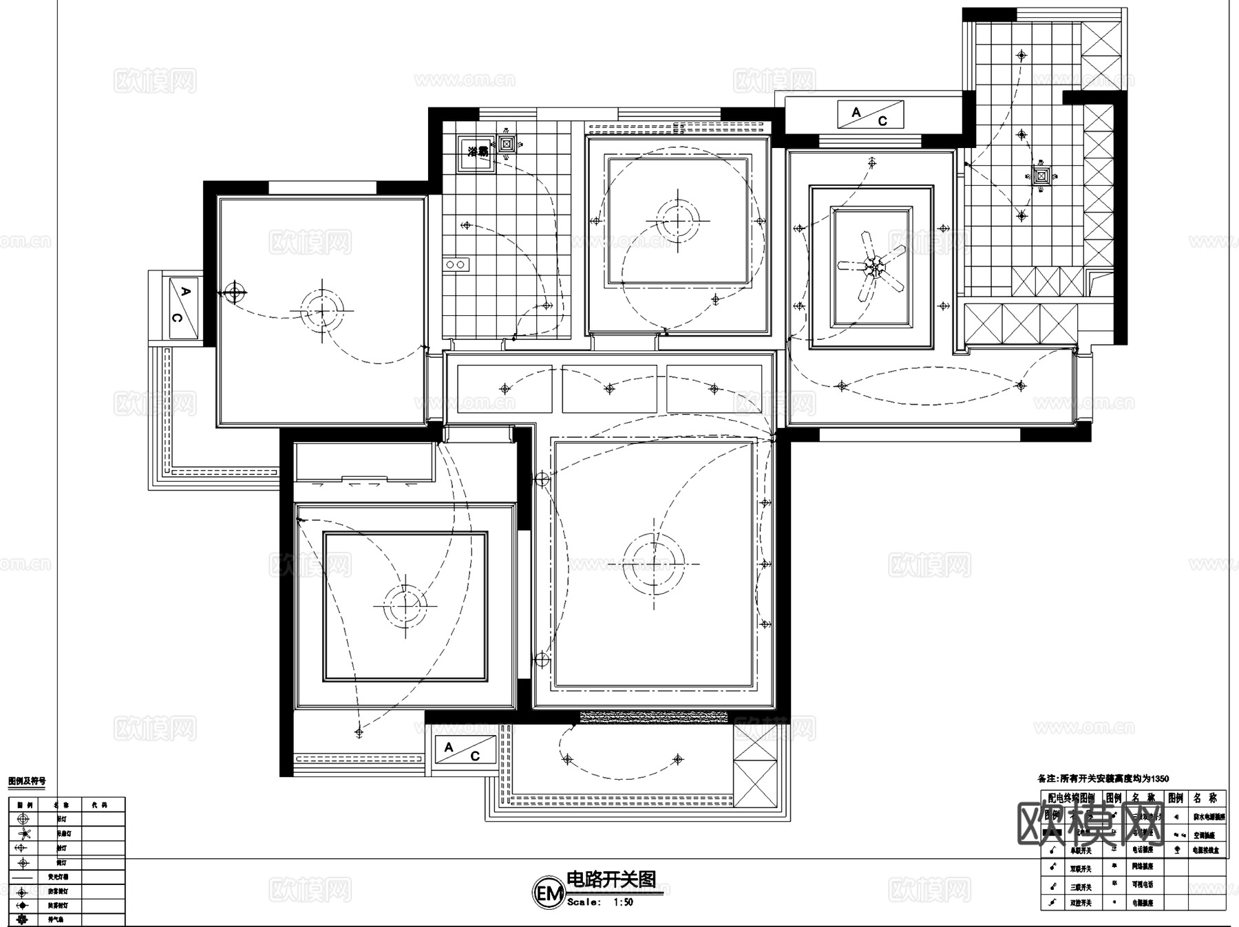 美式三室两厅一卫私宅室内家装平面系统图CAD施工图cad施工图