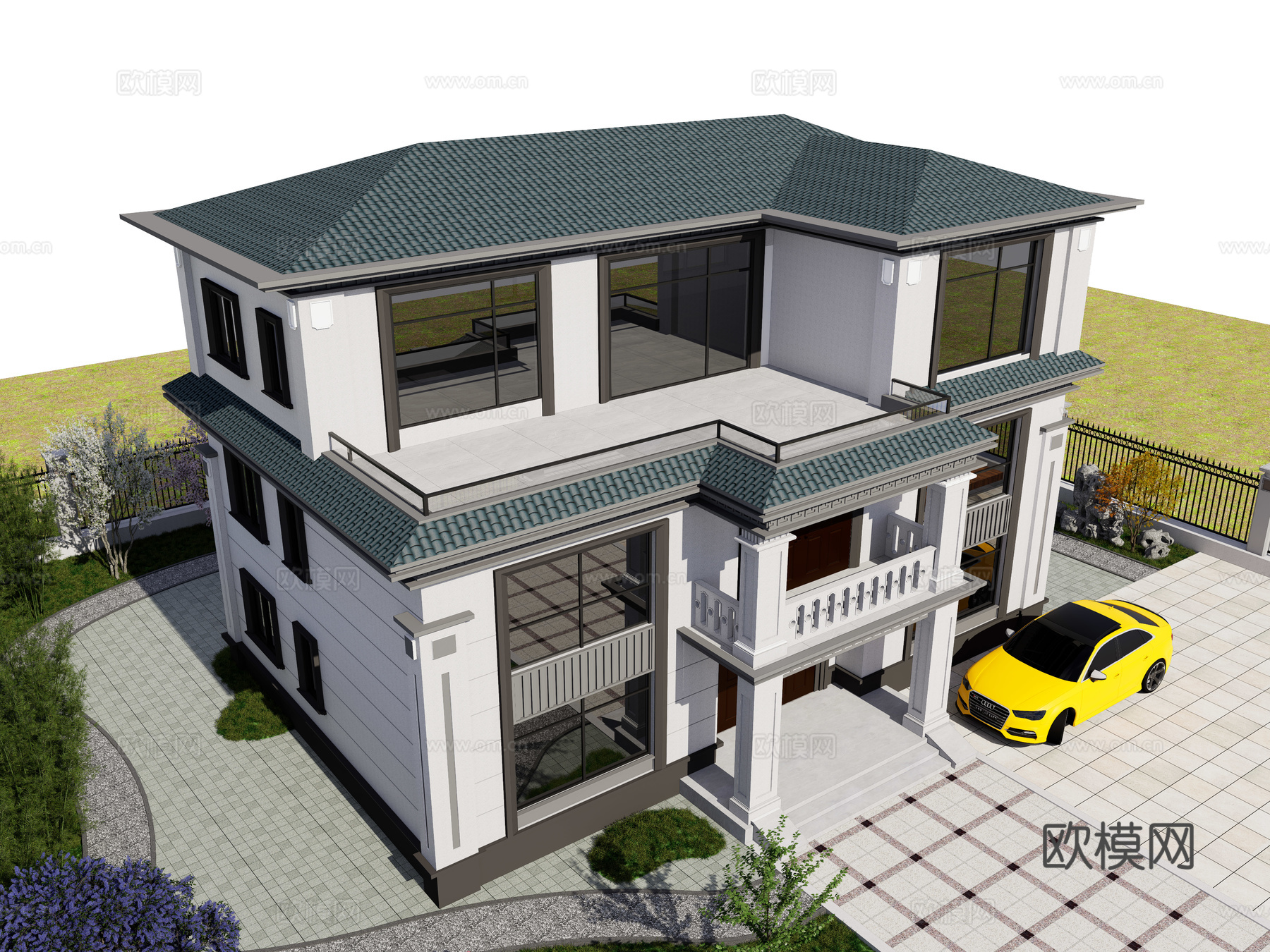 新中式轻奢独栋别墅 三层独栋别墅 新中式自建别墅 中式庭院3d模型下载（渲染图2）