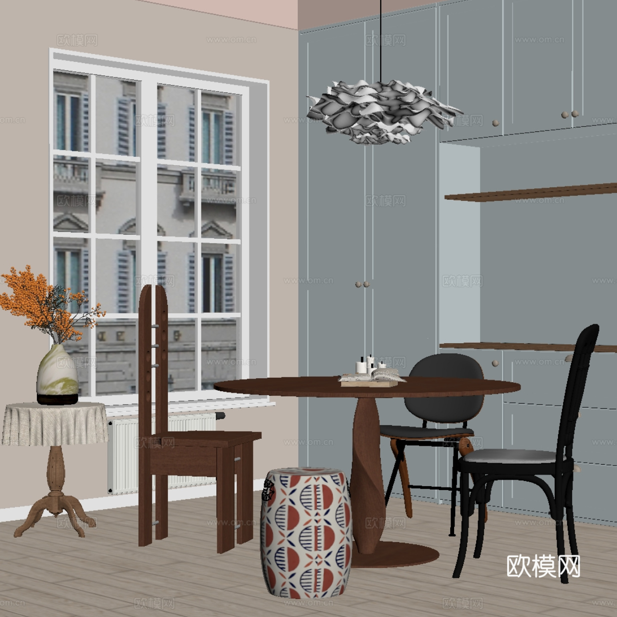 法式餐厅 餐桌椅 酒柜su模型