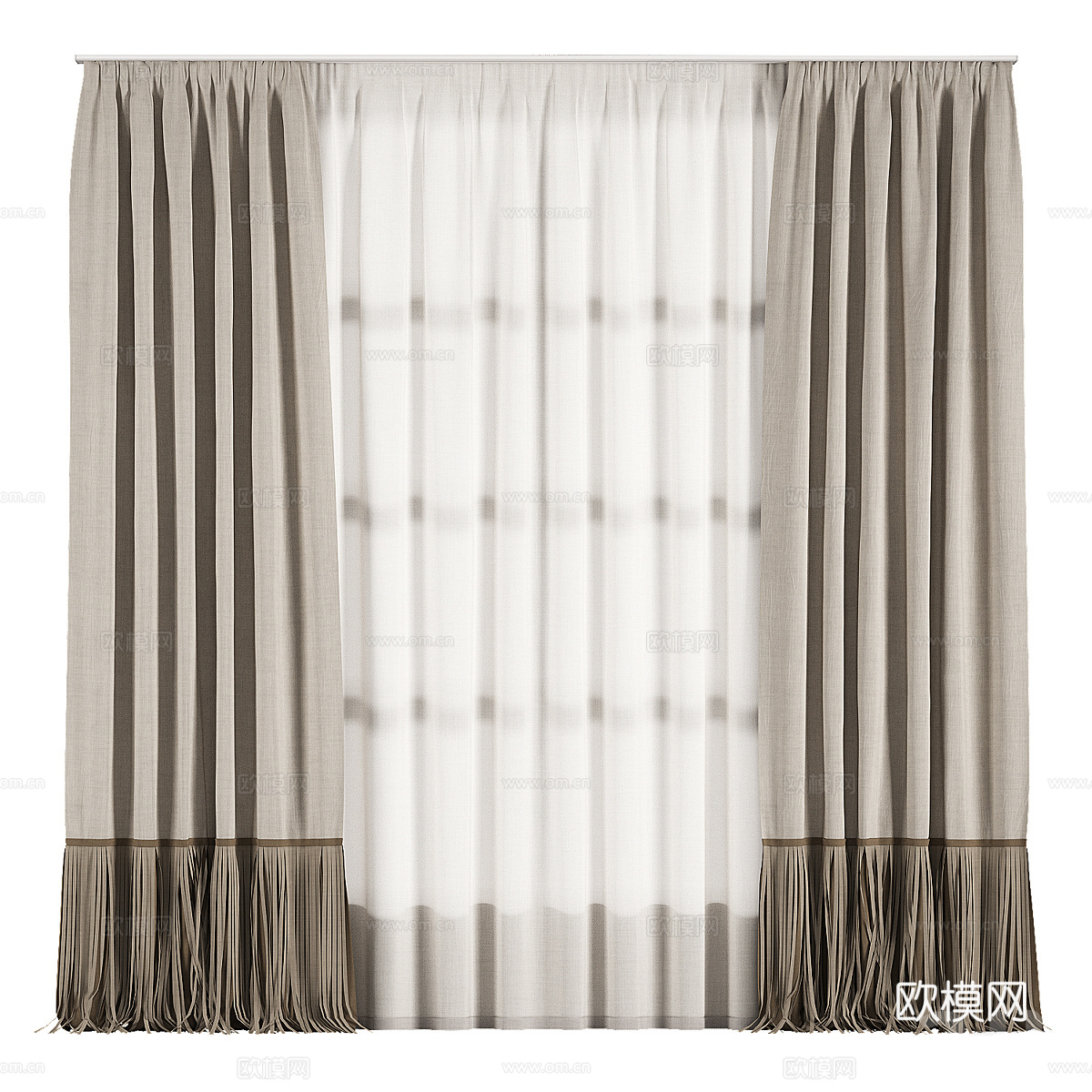 新中式布艺流苏窗帘3d模型下载（渲染图1）