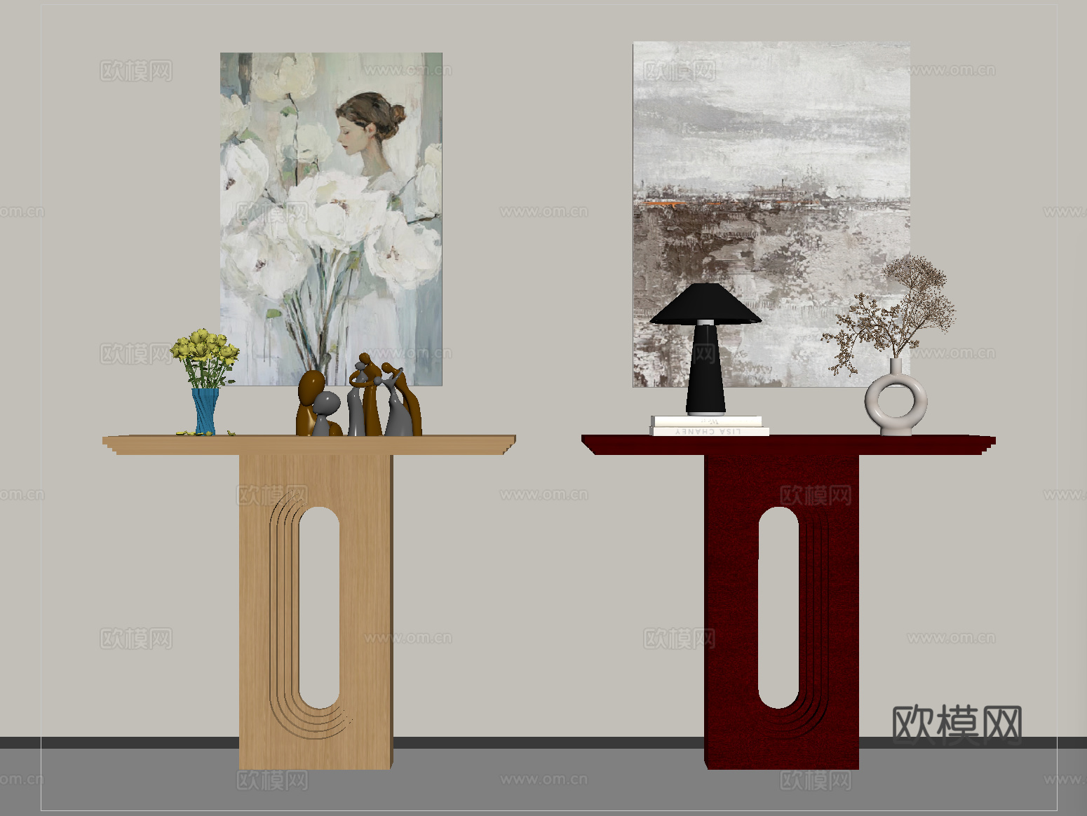 侘寂风端景台 玄关端景台 端景条案 摆件 挂画su模型