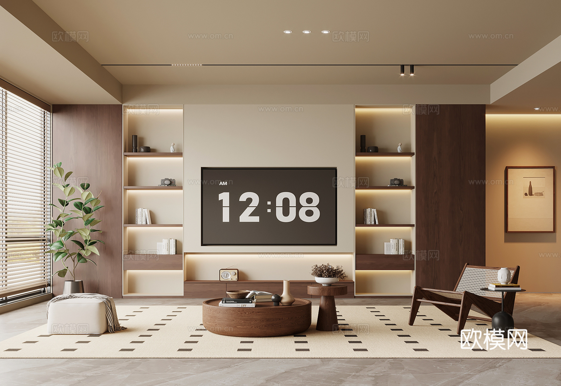 中古风客厅 电视背景墙 沙发茶几组合su模型