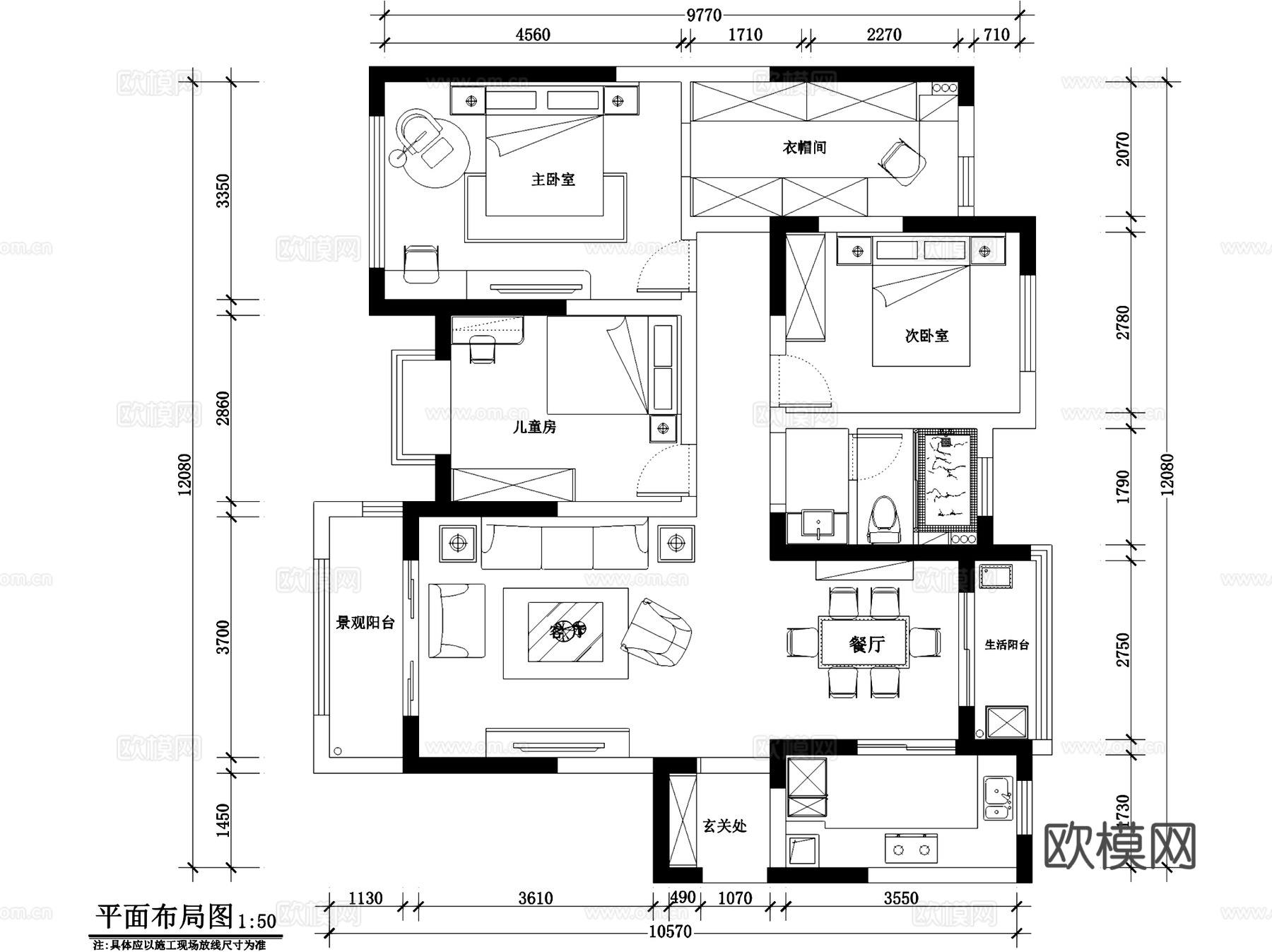 欧式田园风三室两厅一卫私宅室内家装CAD施工图cad施工图