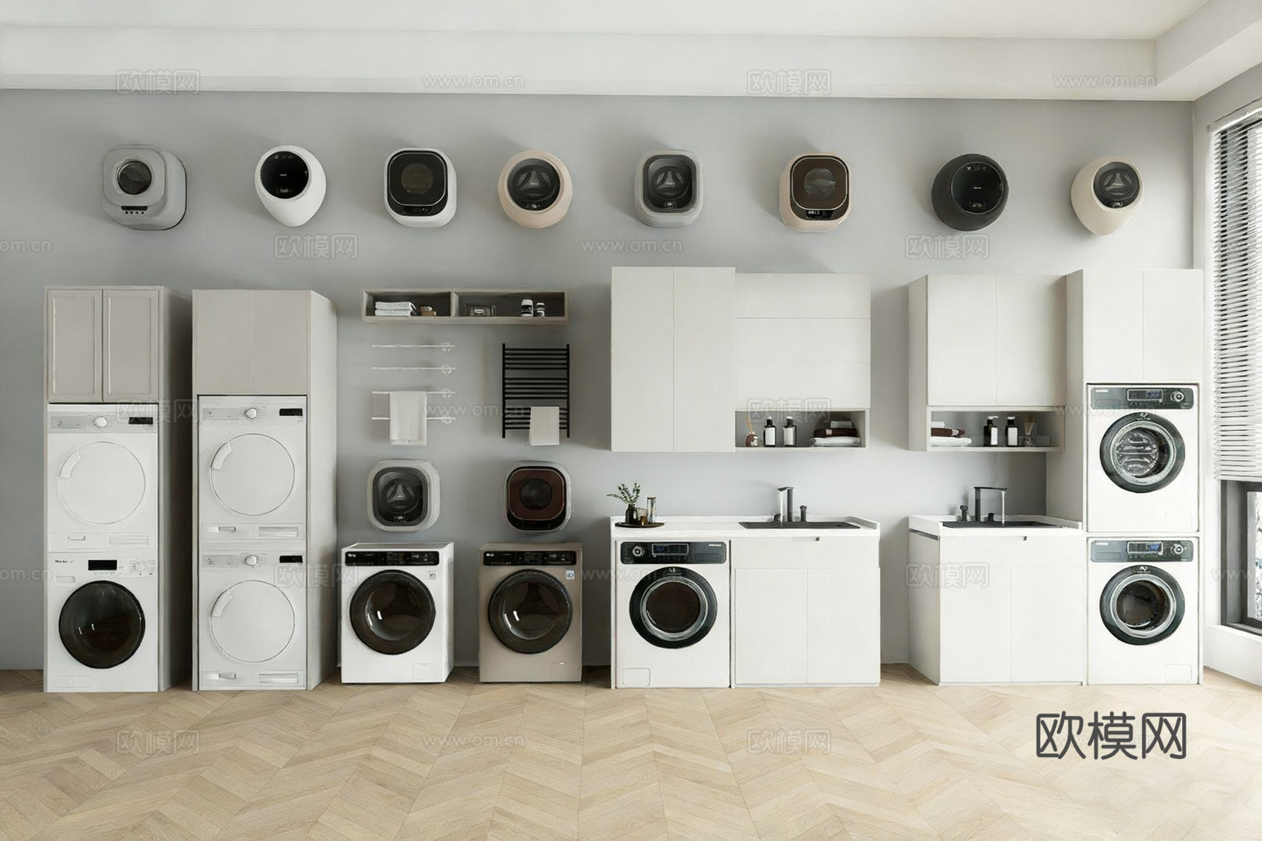 现代洗衣房家电 洗衣机 储物柜 壁挂洗衣机su模型