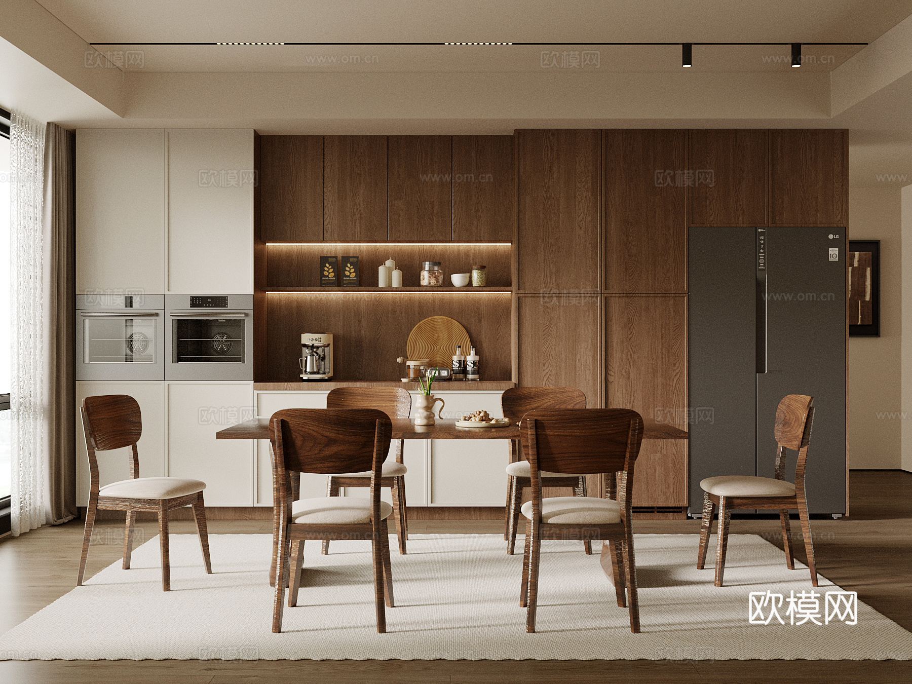 中古风餐厅 餐桌椅 餐边柜su模型