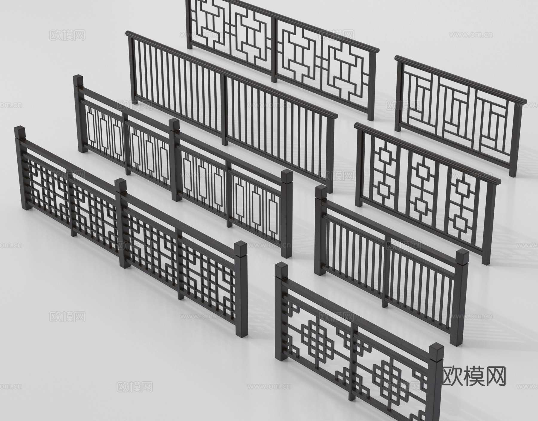 新中式栏杆护栏 栅栏围栏 实木围栏护栏su模型