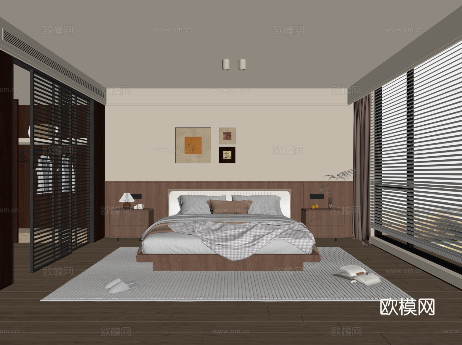 中古风卧室 双人床 床头柜su模型