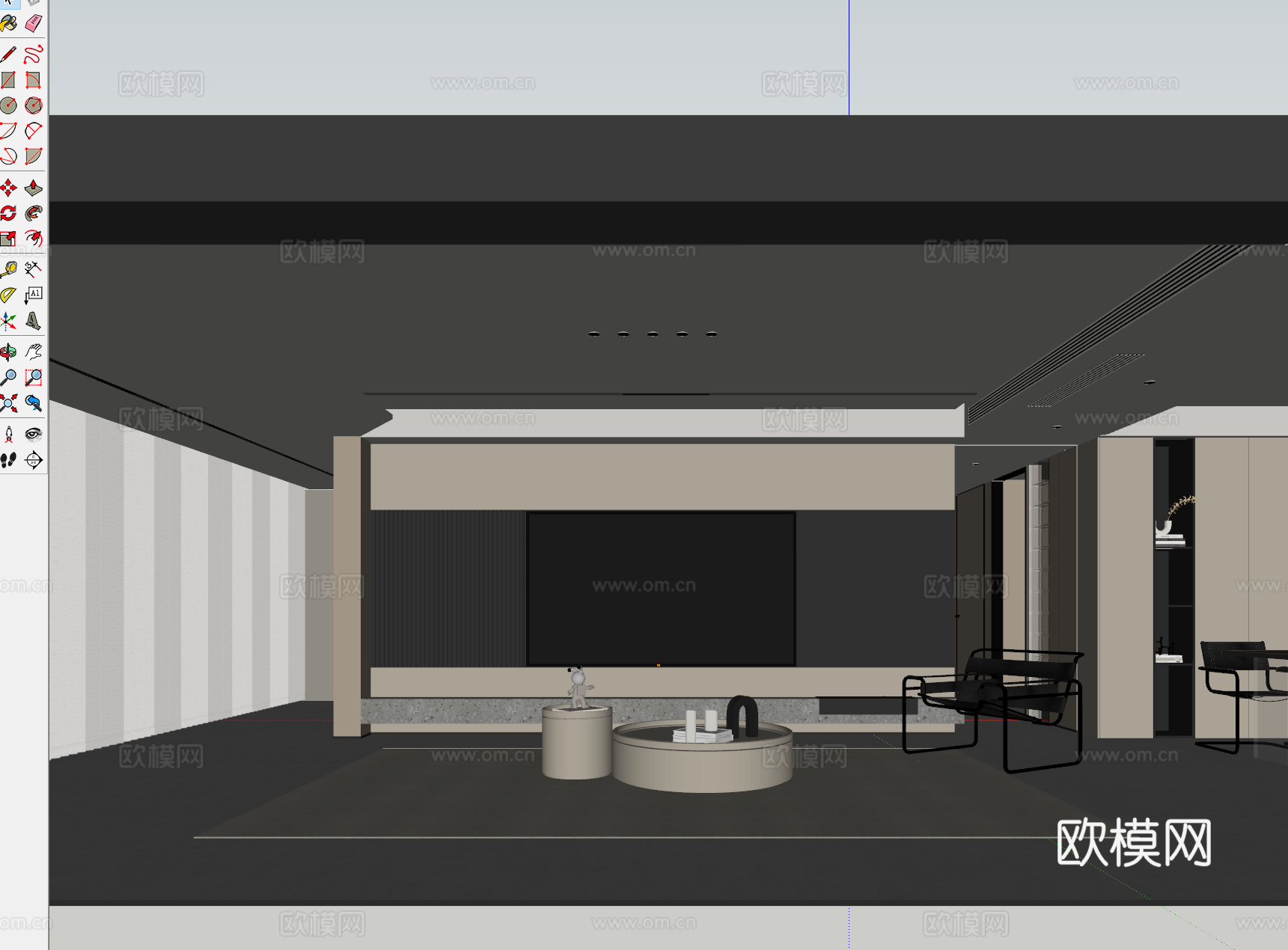 现代极简电视背景 极简悬浮电视墙 极简圆形茶几组合 灰色哑光su模型