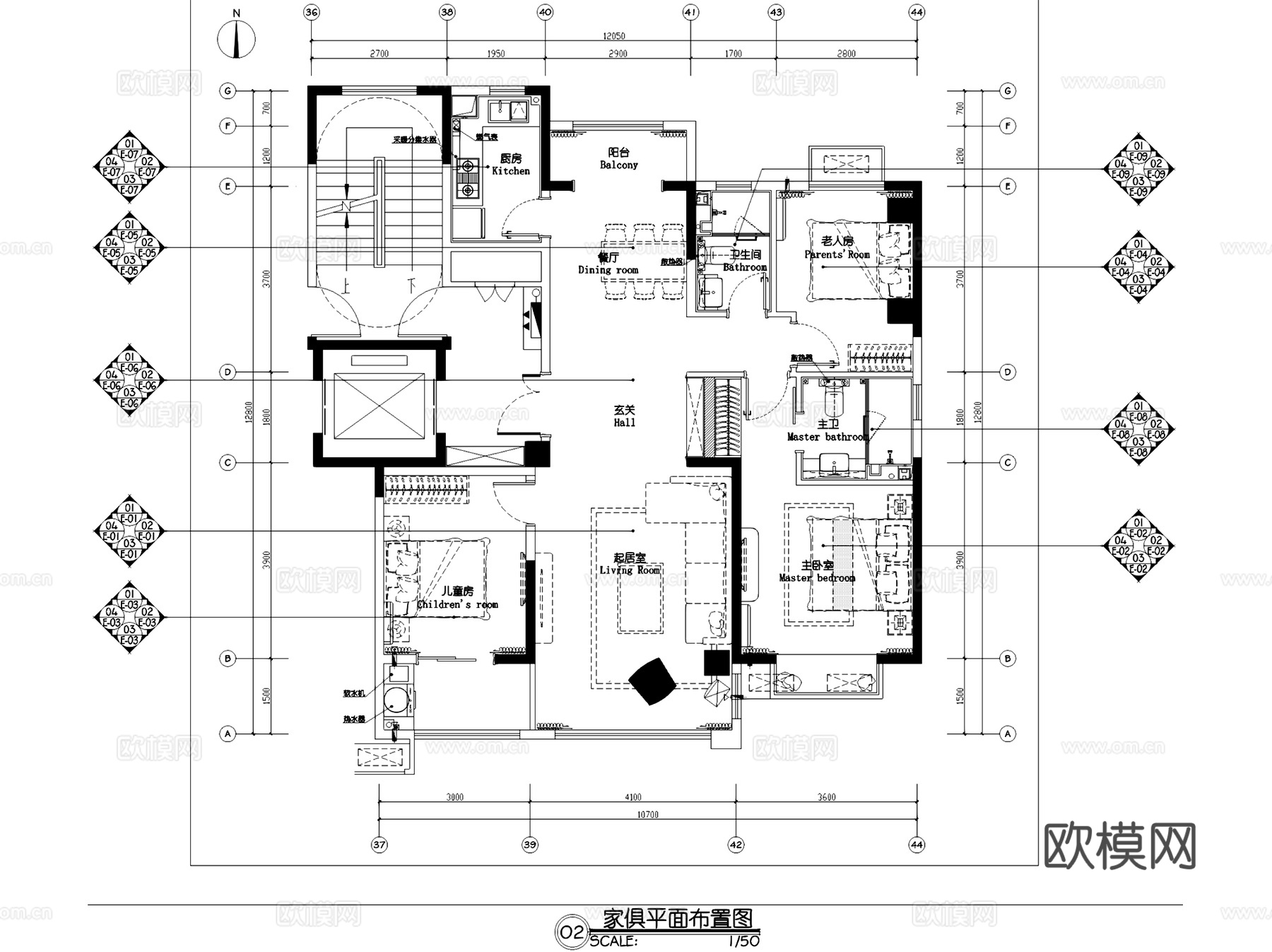 济南银盛泰·瑞公馆130户型三室两厅两卫室内家装CAD施工图cad施工图
