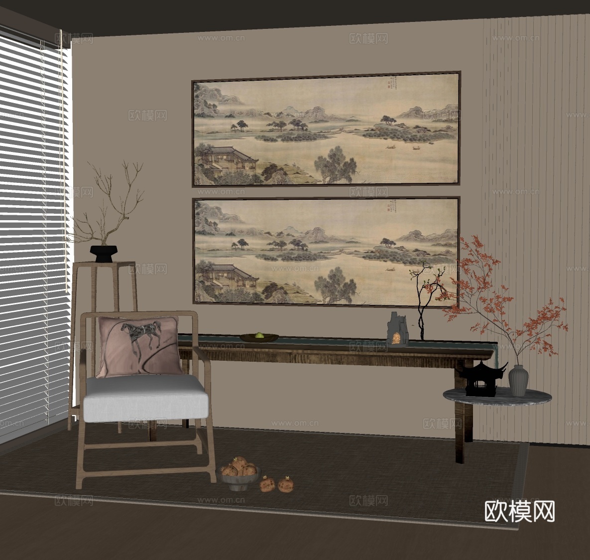 新中式禅意挂画 山水画 花鸟国画 书房挂画 办公室挂画 办公su模型