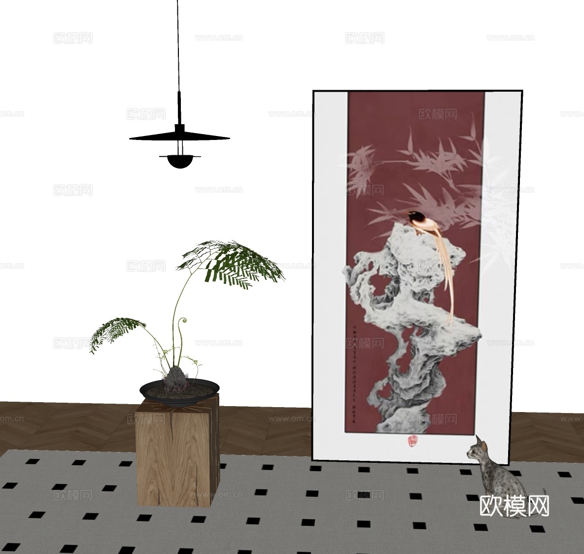 新中式禅意挂画 山水画 花鸟国画 书房挂画 办公室挂画 办公su模型