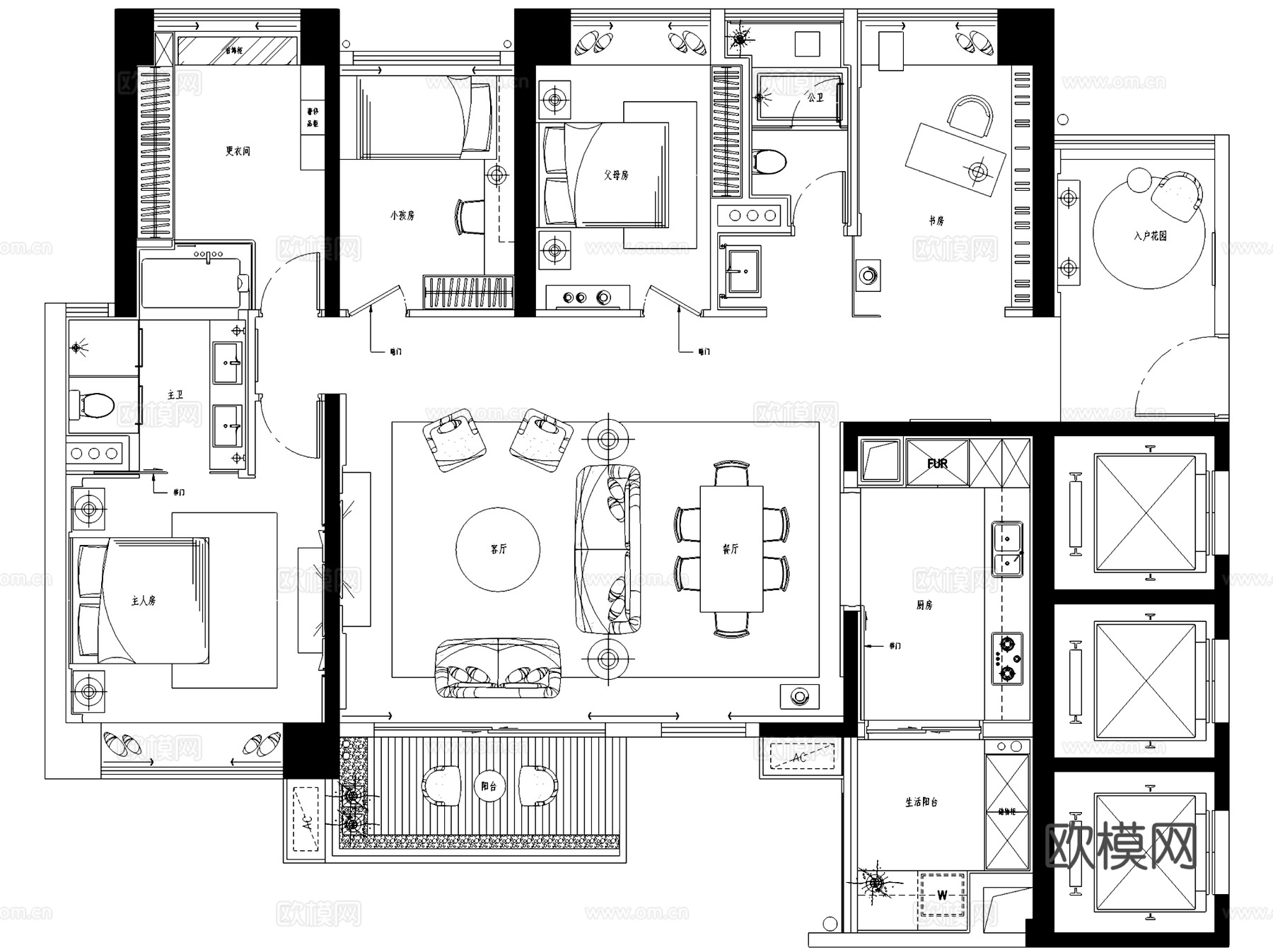 鸿荣源壹方中心玖誉6栋B户型样板房室内家装CAD施工图整套cad施工图