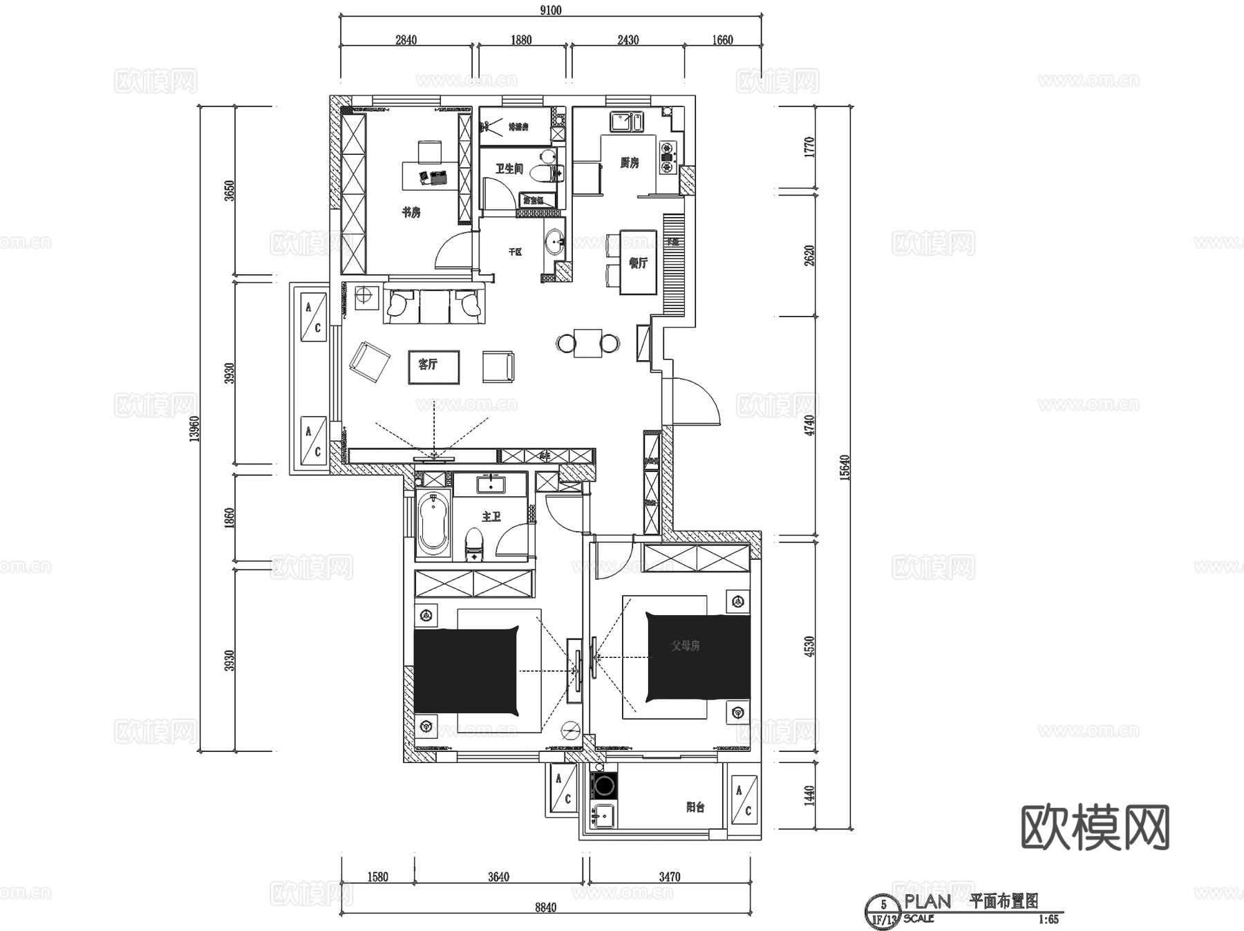 锦泽花园12-604北欧风三室两厅两卫室内家装CAD施工图cad施工图