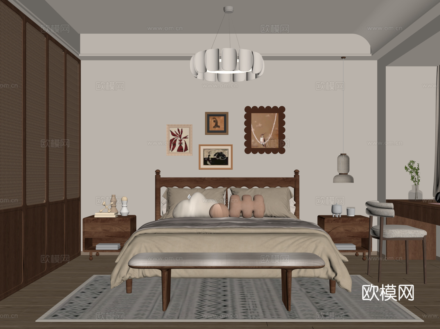 中古风卧室 床具组合 双人床 衣柜 书桌椅su模型