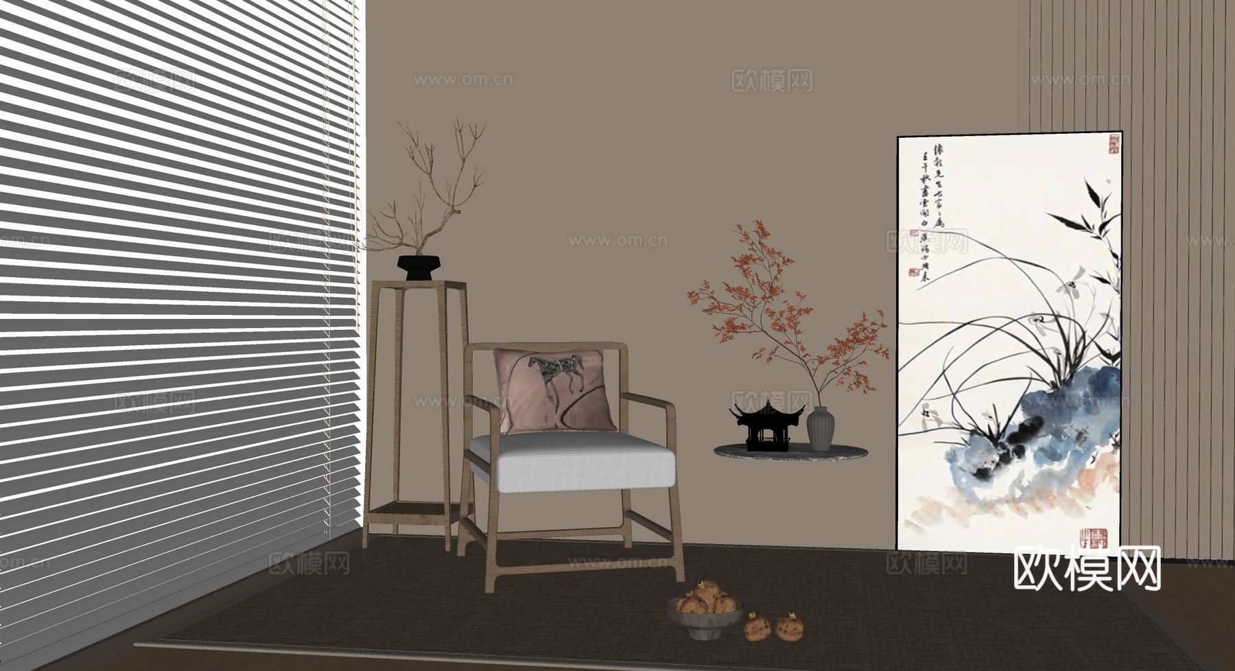 新中式禅意挂画 山水画 花鸟国画 书房挂画 办公室挂画 办公su模型