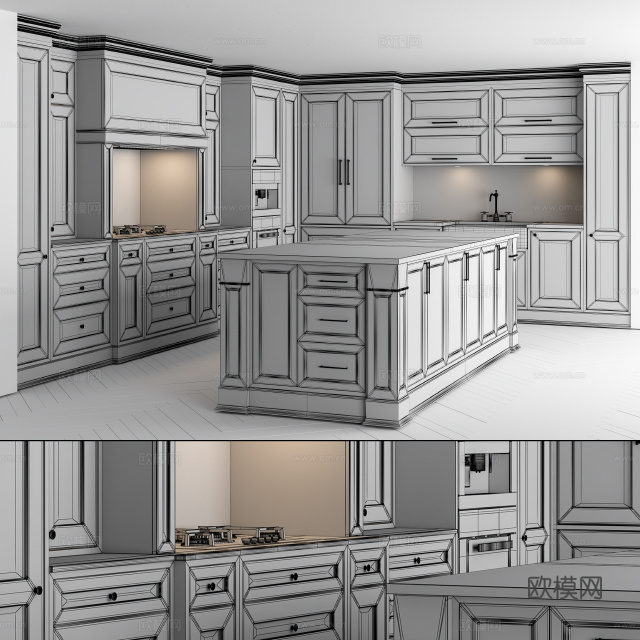 欧式橱柜 橱柜 开放式厨房 岛台3d模型下载（渲染图2）